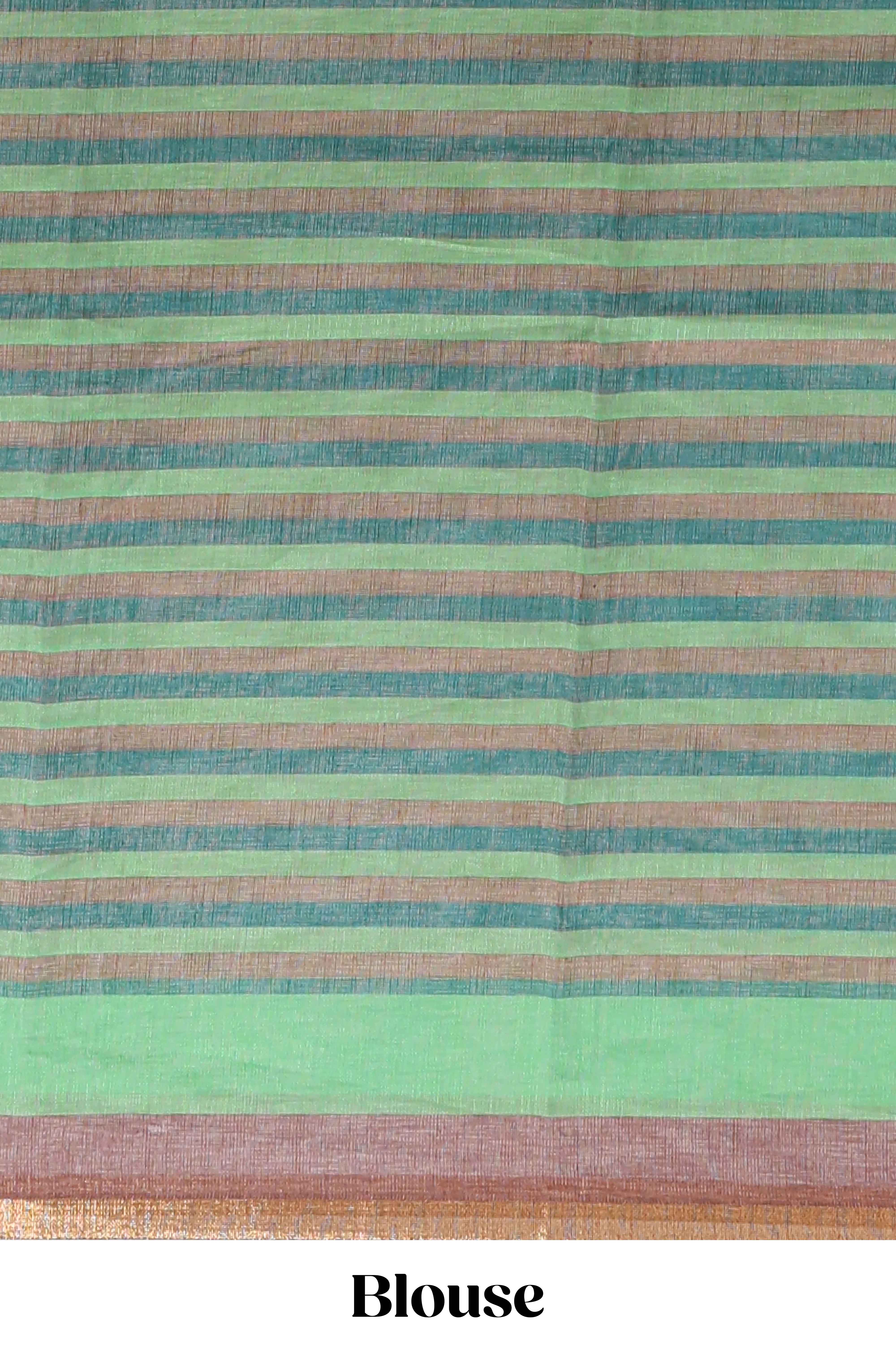Light brown artistic traditional tribal print linen cotton saree with contrast border and striped blouse - Image 5