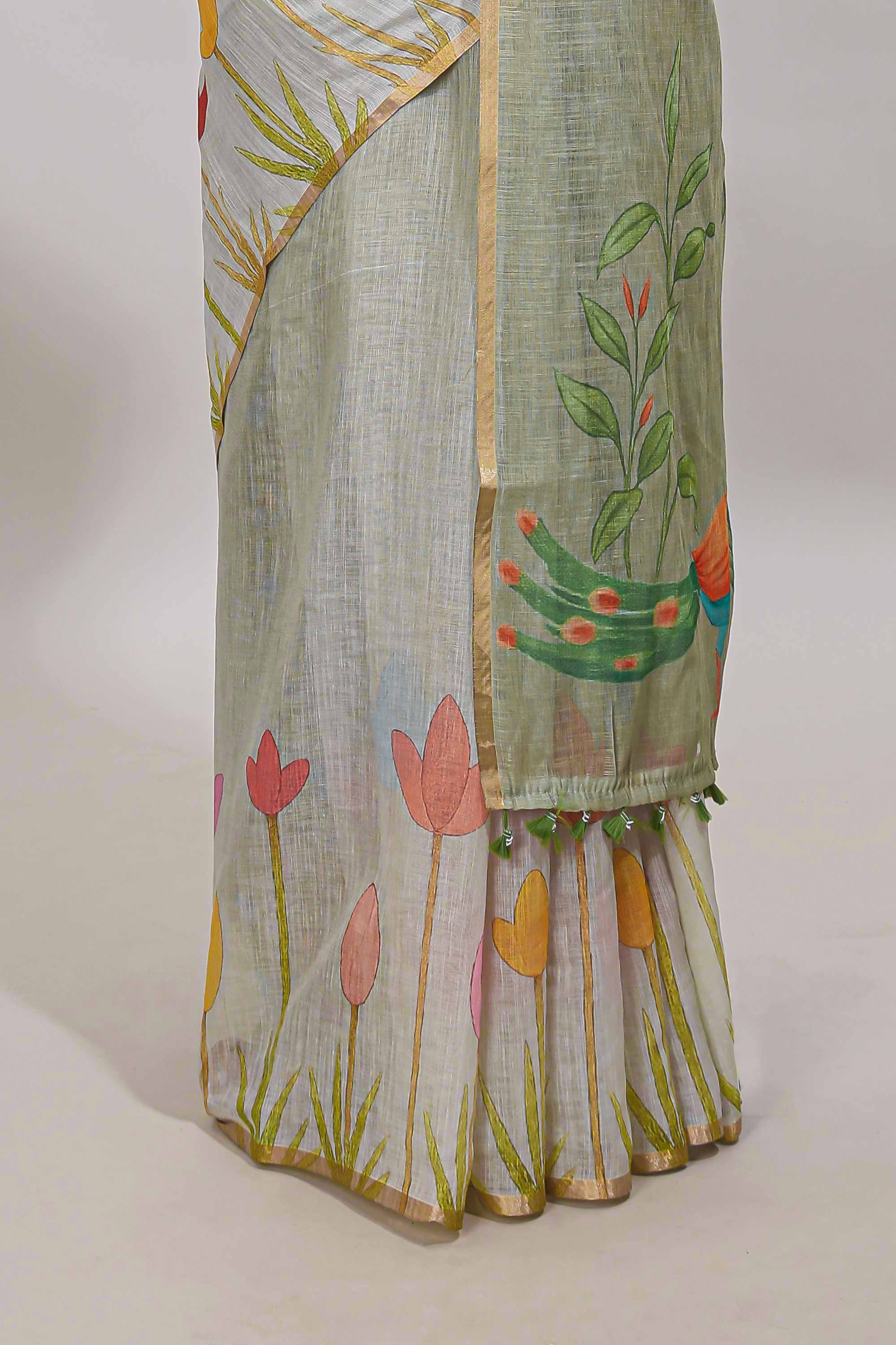 Light green floral design linen cotton saree with self zari border and matching blouse - Image 4