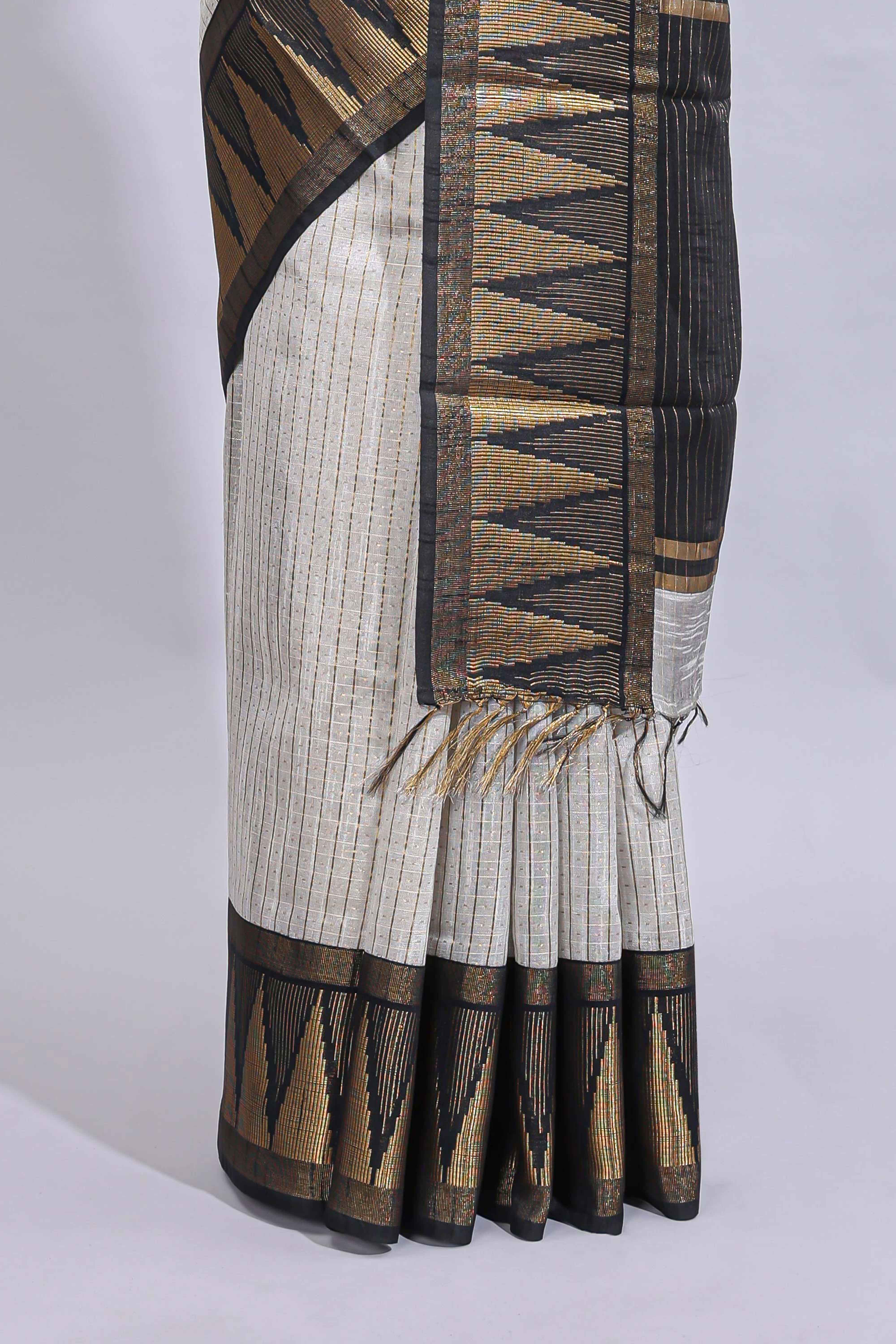 Light grey checked art tussar saree with contrast temple zari border and striped blouse - Image 4