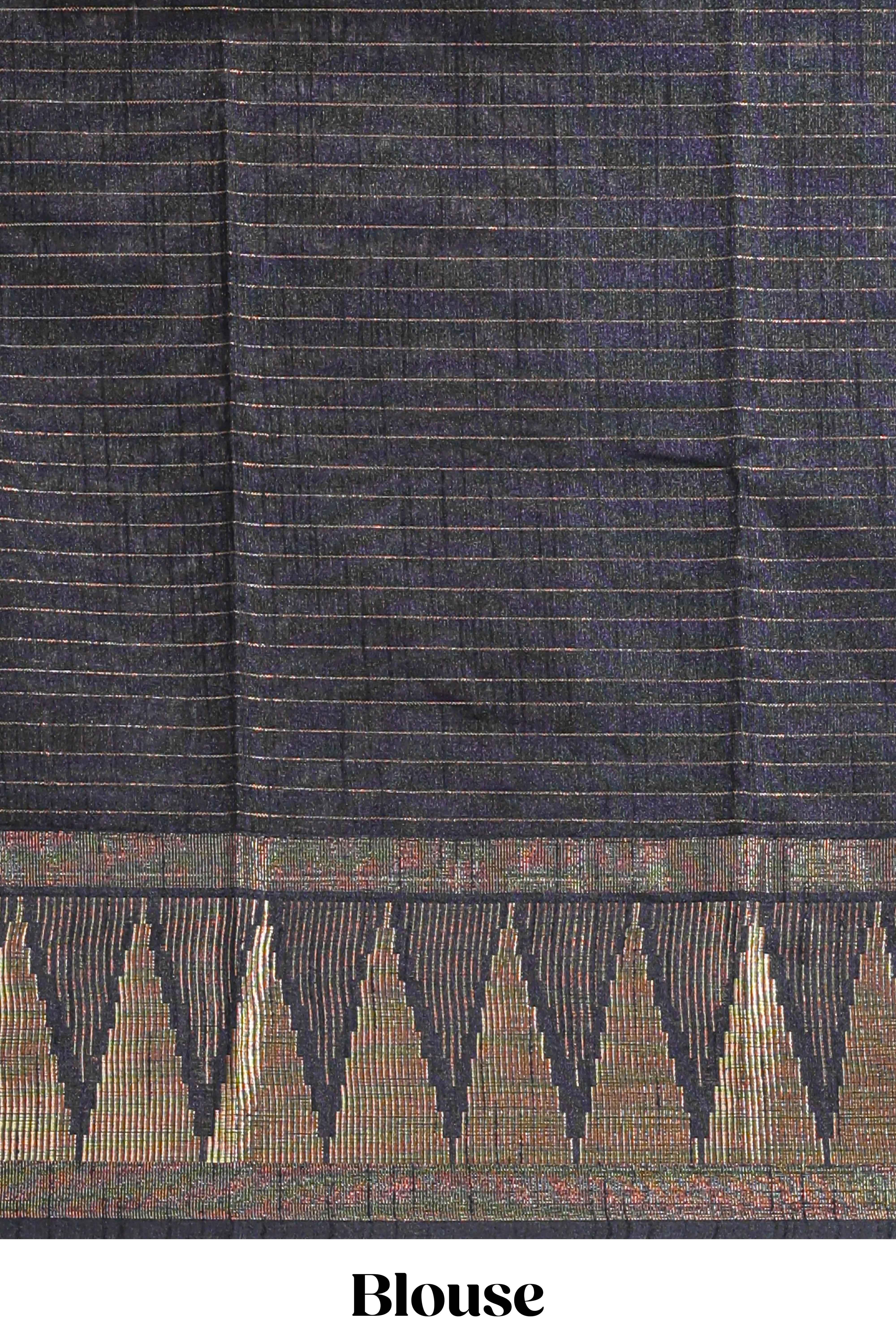 Light grey checked art tussar saree with contrast temple zari border and striped blouse - Image 5