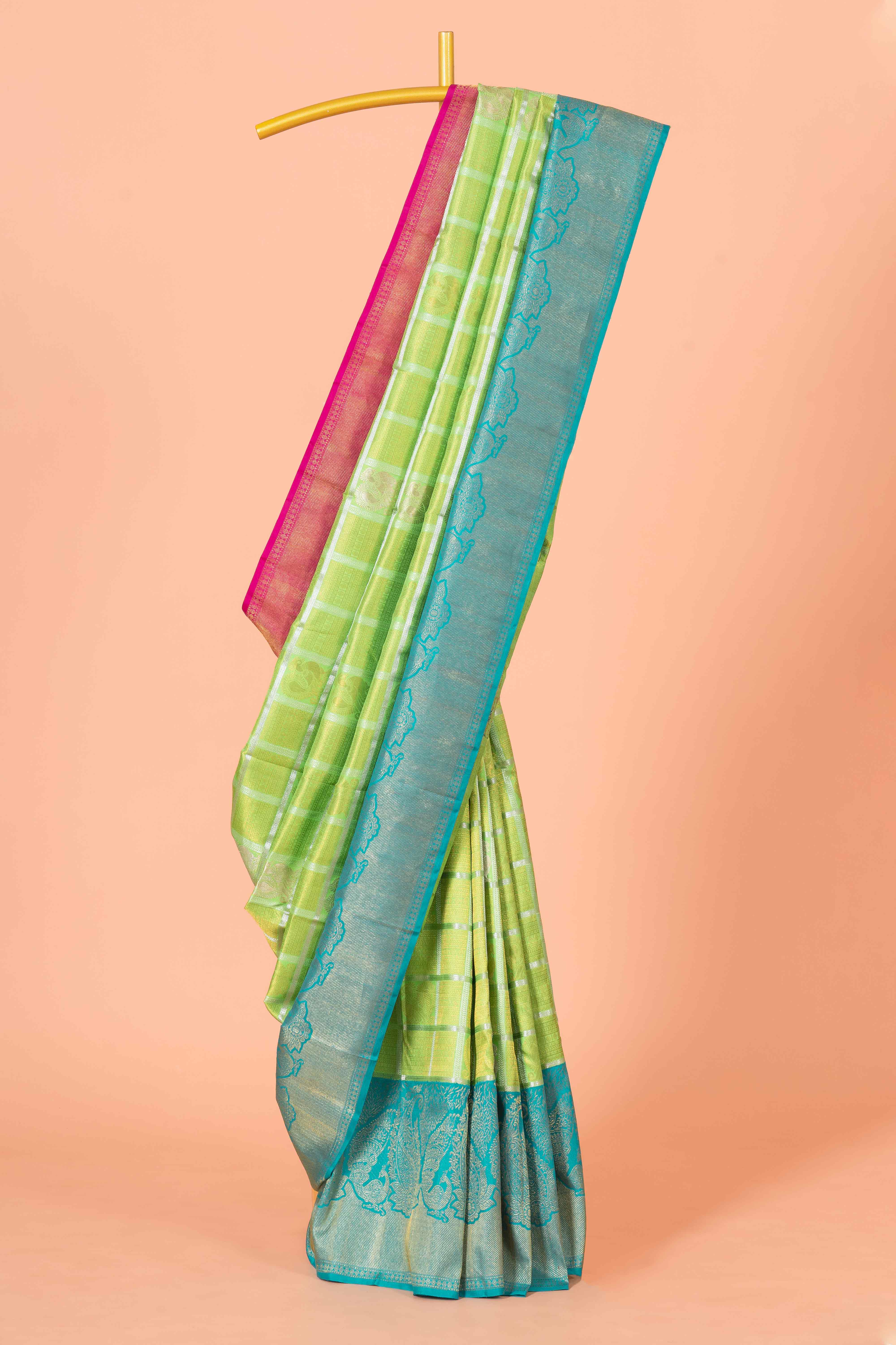 Lime Green Kancheepuram Pattu With Teal Blue Zari Border And Pink Contrast Pallu