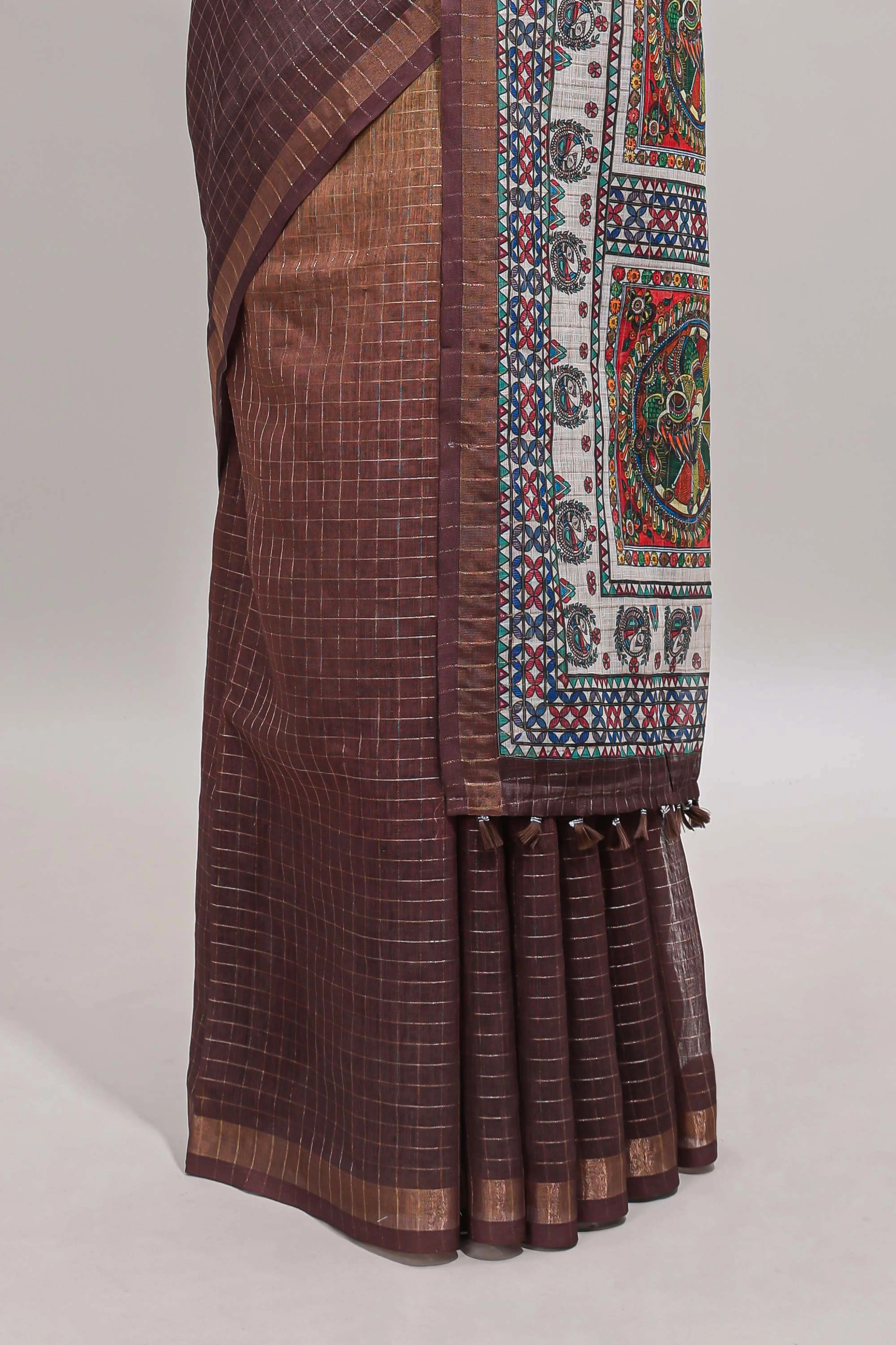 Lime yellow & brown dual shade checked floral design chanderi cotton saree with self zari border and matching blouse - Image 4