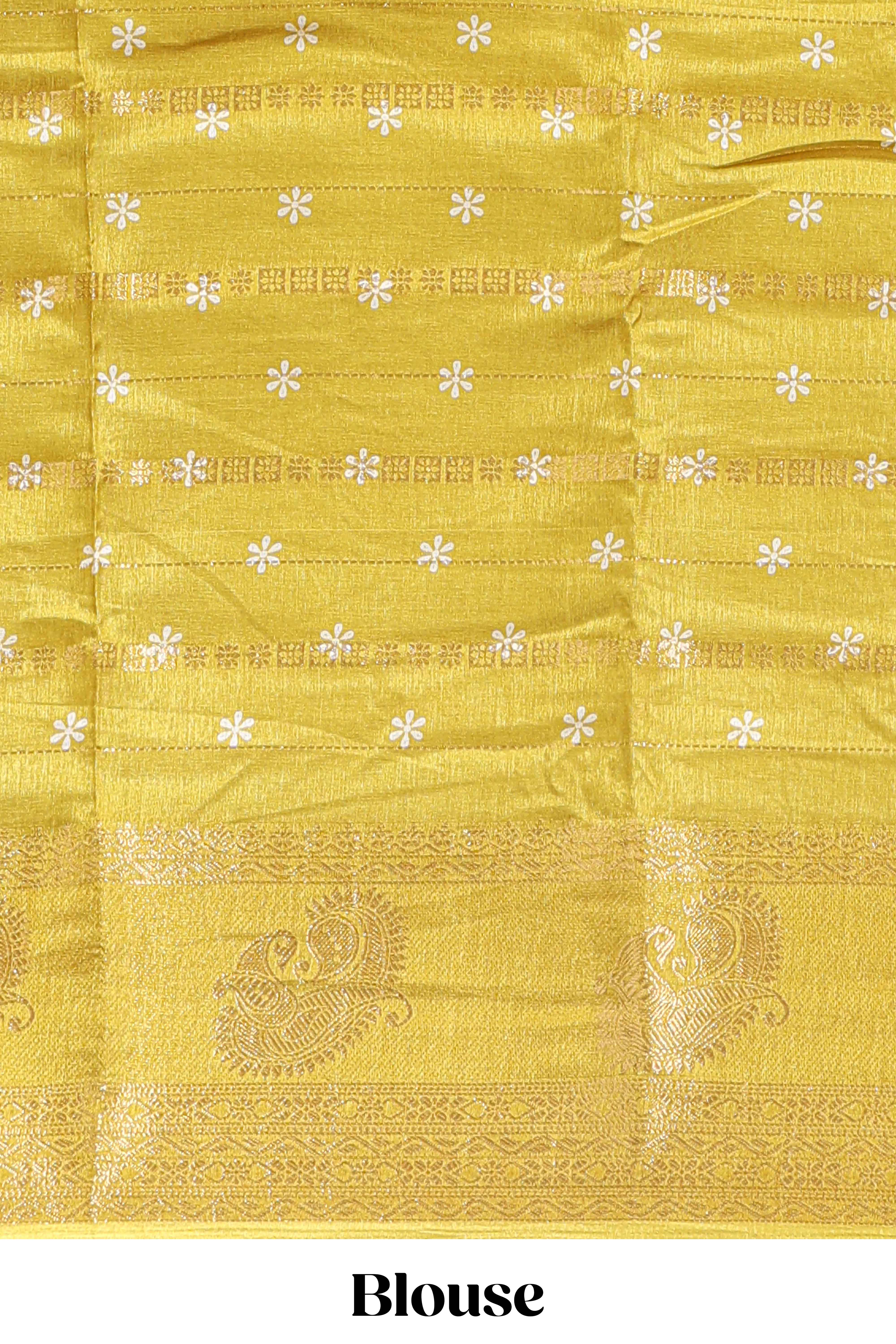 Lime yellow zari striped floral vine design dola silk saree with self border and matching blouse - Image 5