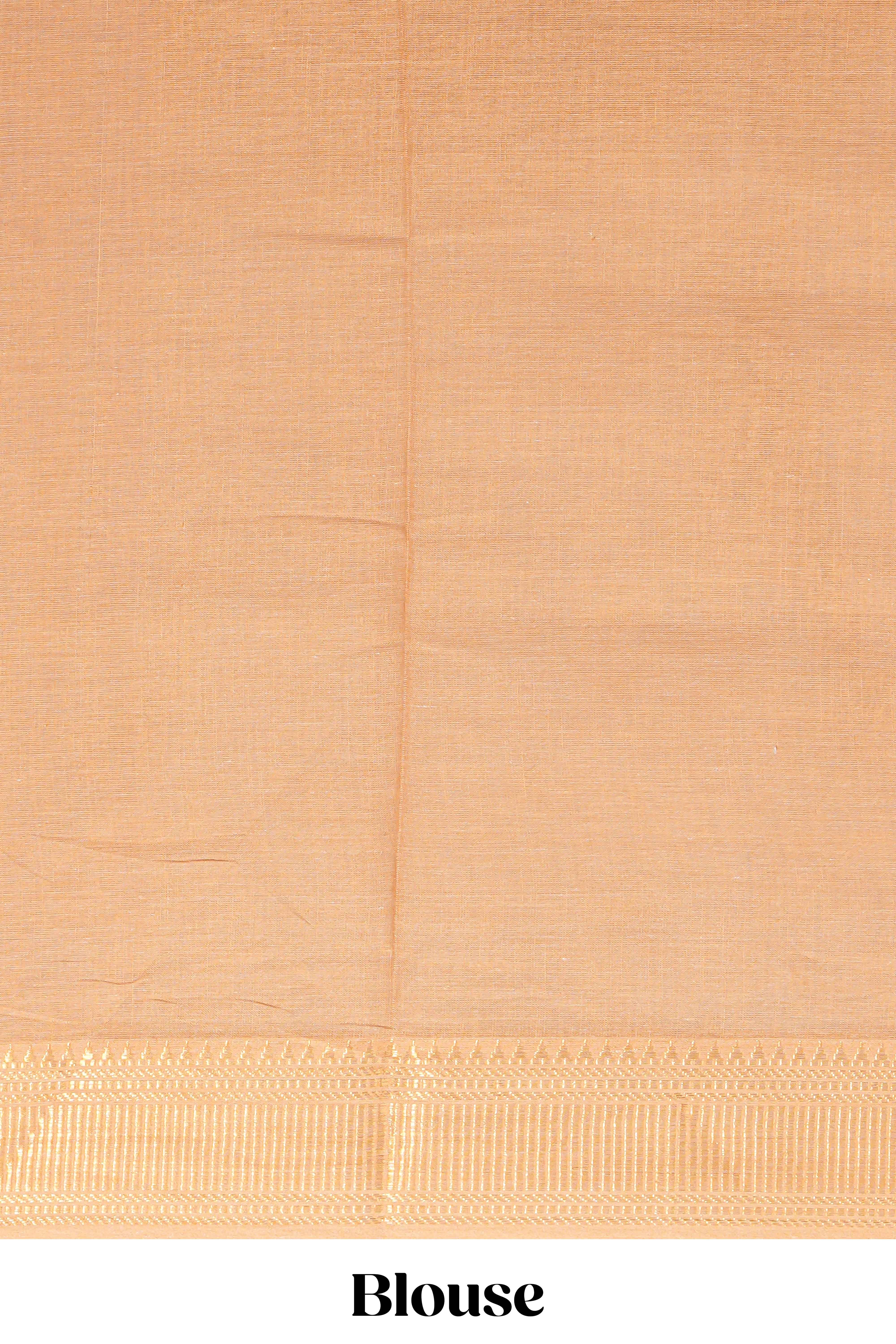 Linen saree with a orange colour  featuring floral patterns with a contrast  floral printed pallu and zari border with tassel along with contrast blouse - Image 5