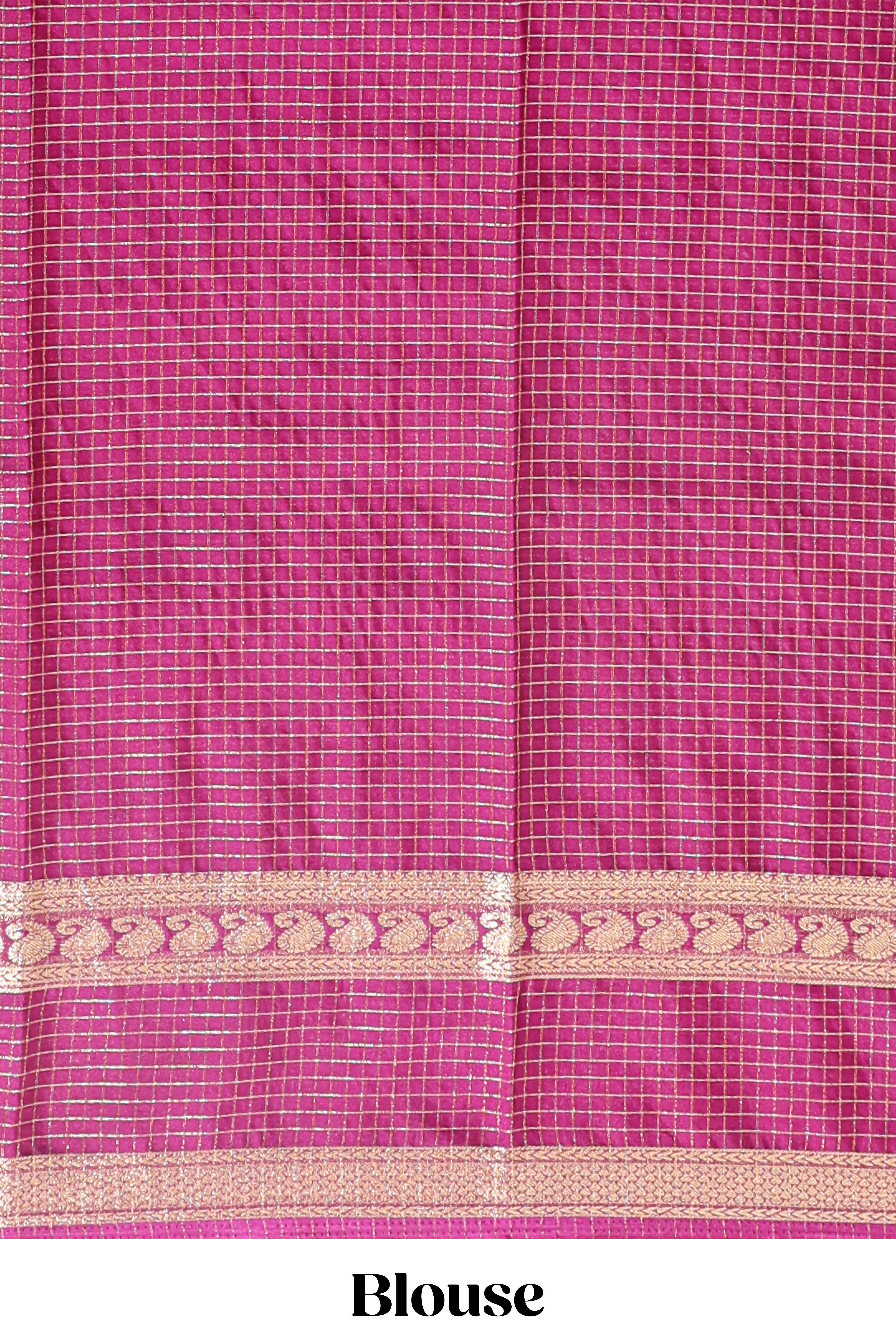 Magenta checked dola silk saree with self zari border and matching striped pallu - Image 5