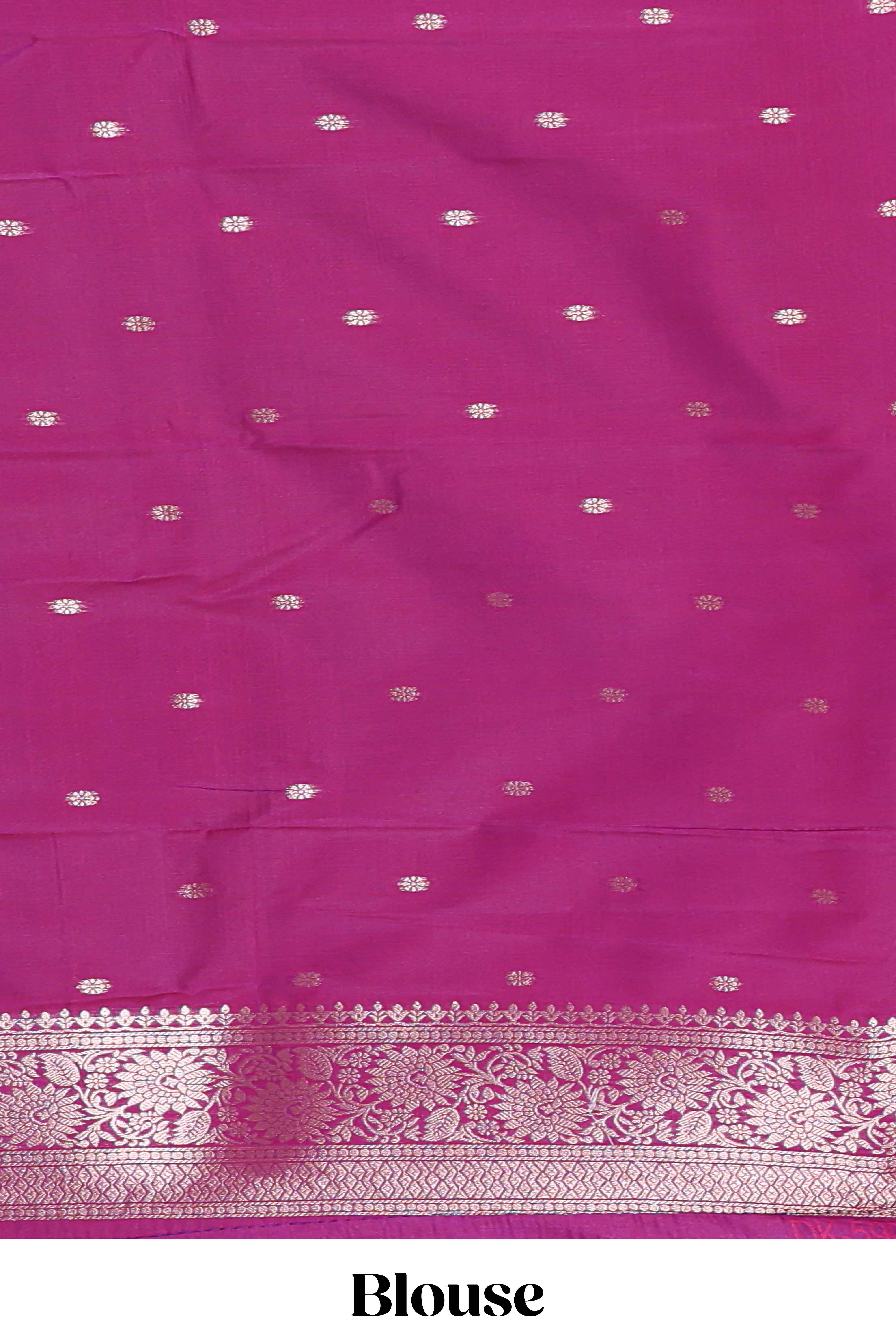 Magenta colour Semi soft silk with  gold zari floral motifs border with Peacock Woven Design and matching blouse - Image 5