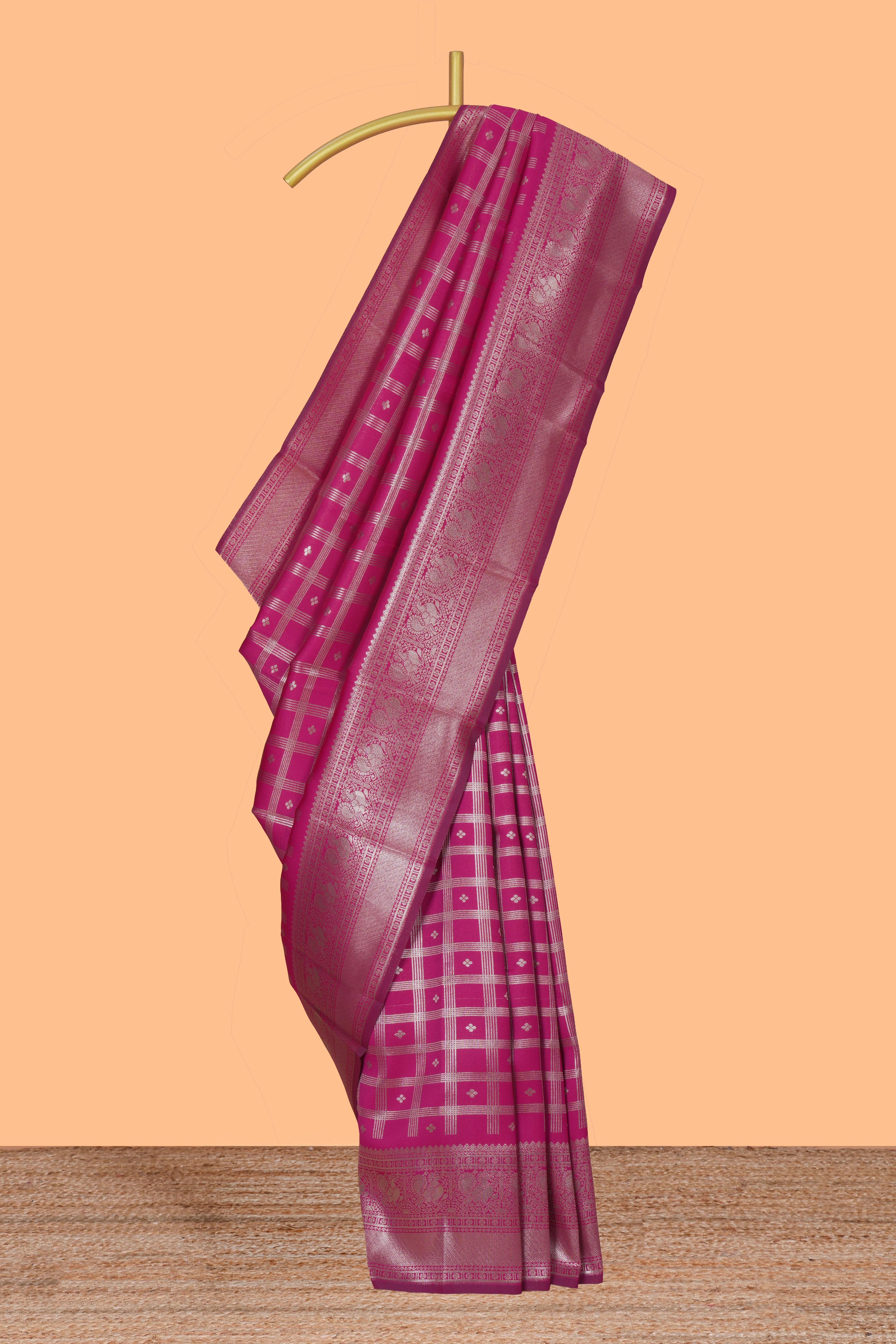 Maroon checked zari motifs art silk saree with self zari border and matching zari motifs blouse