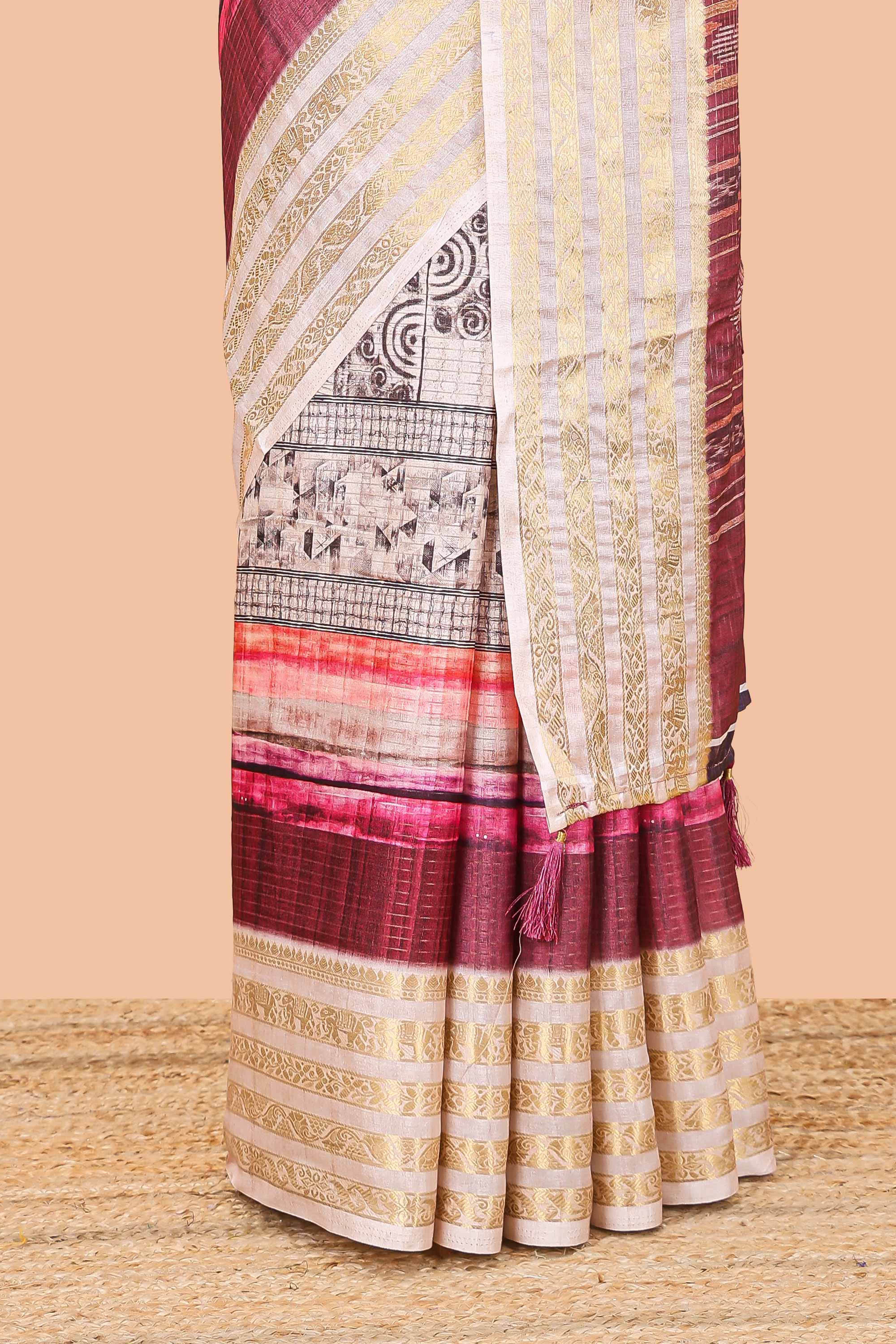 Maroon dola silk saree featuring monochrome fusion print and contrast zari border - Image 4