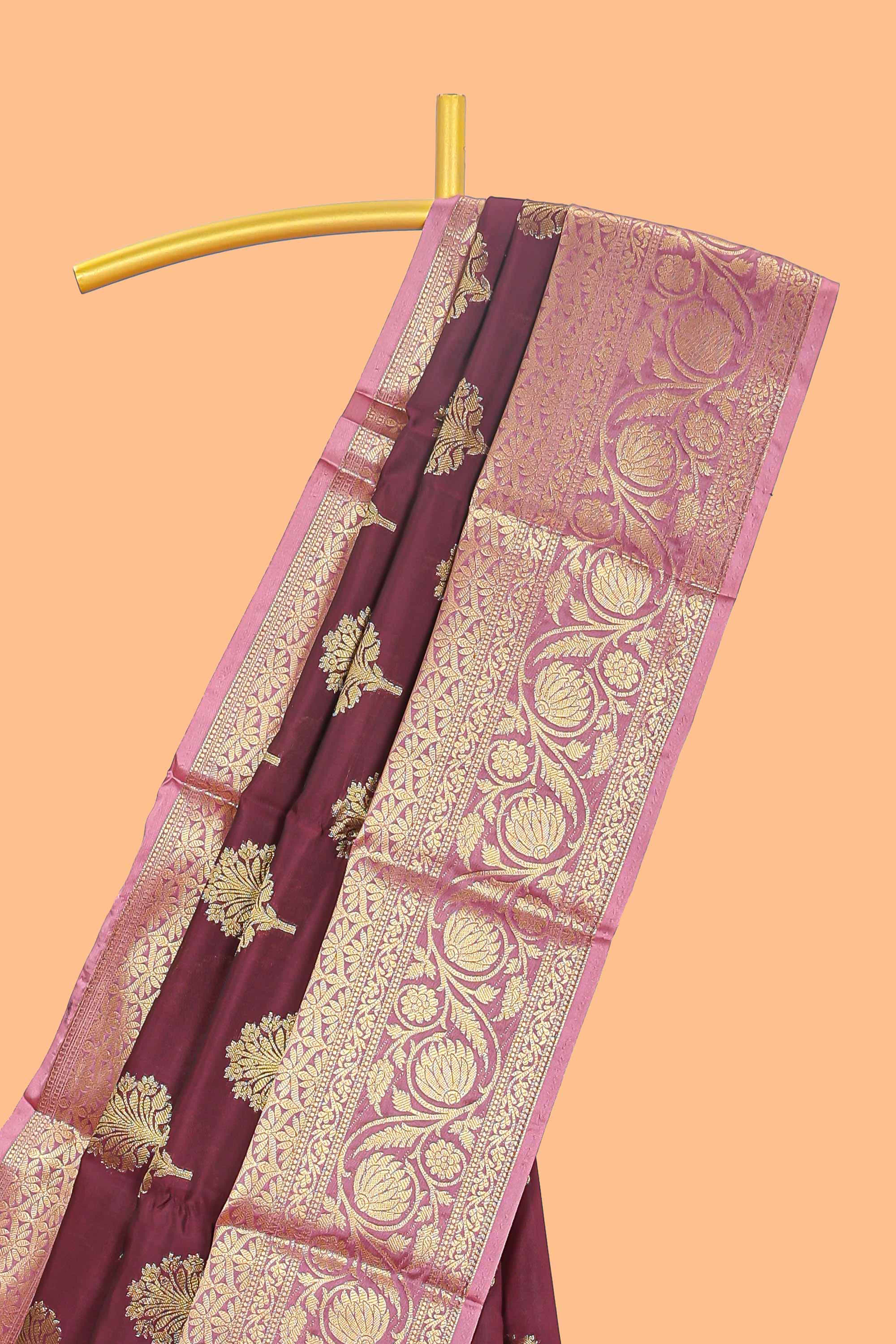 Maroon floral design zari butta raw silk saree with contrast zari border and pallu - Image 2