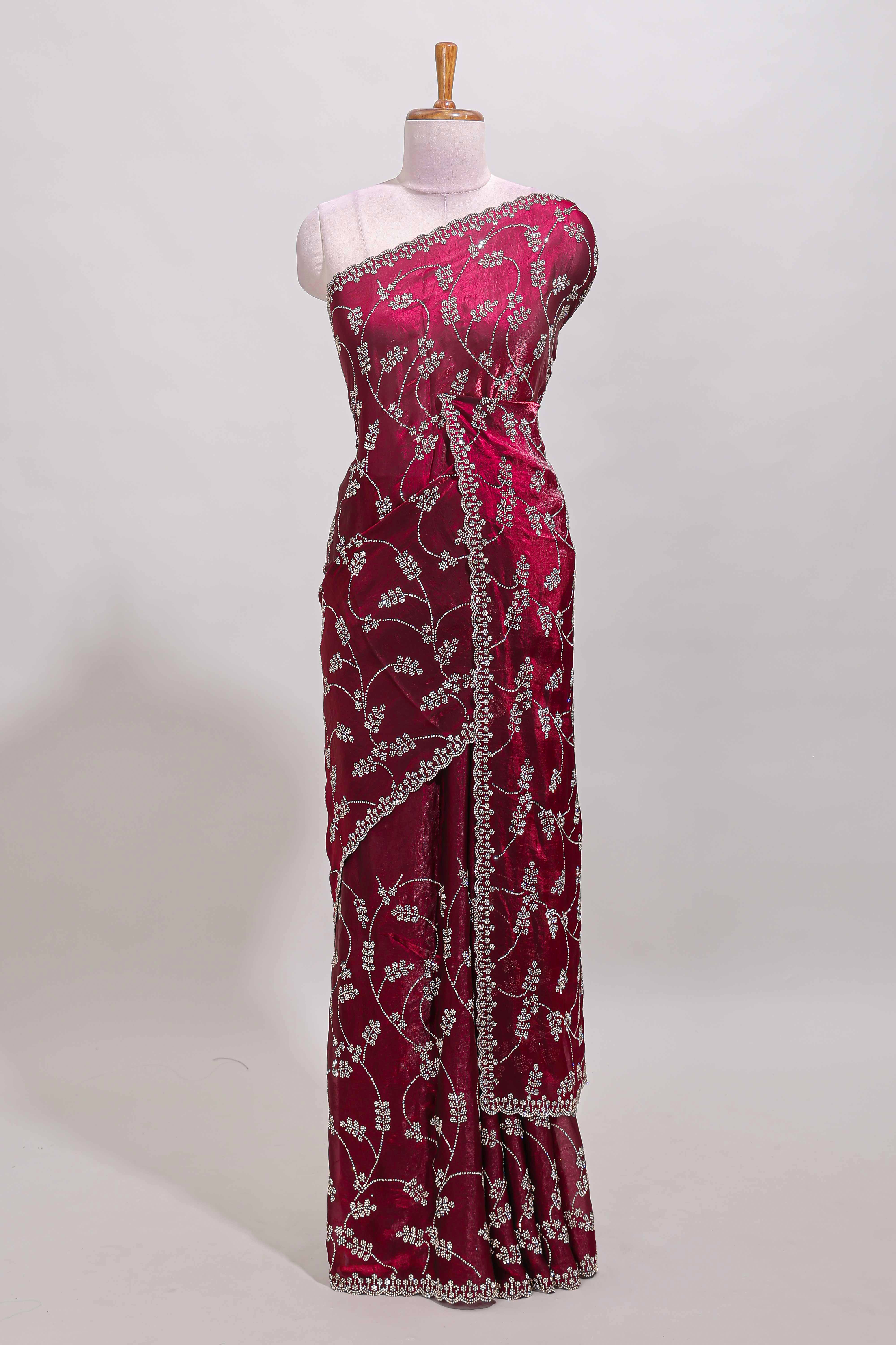 Maroon floral vine stone work designer saree with self scallop border and matching blouse - Image 2