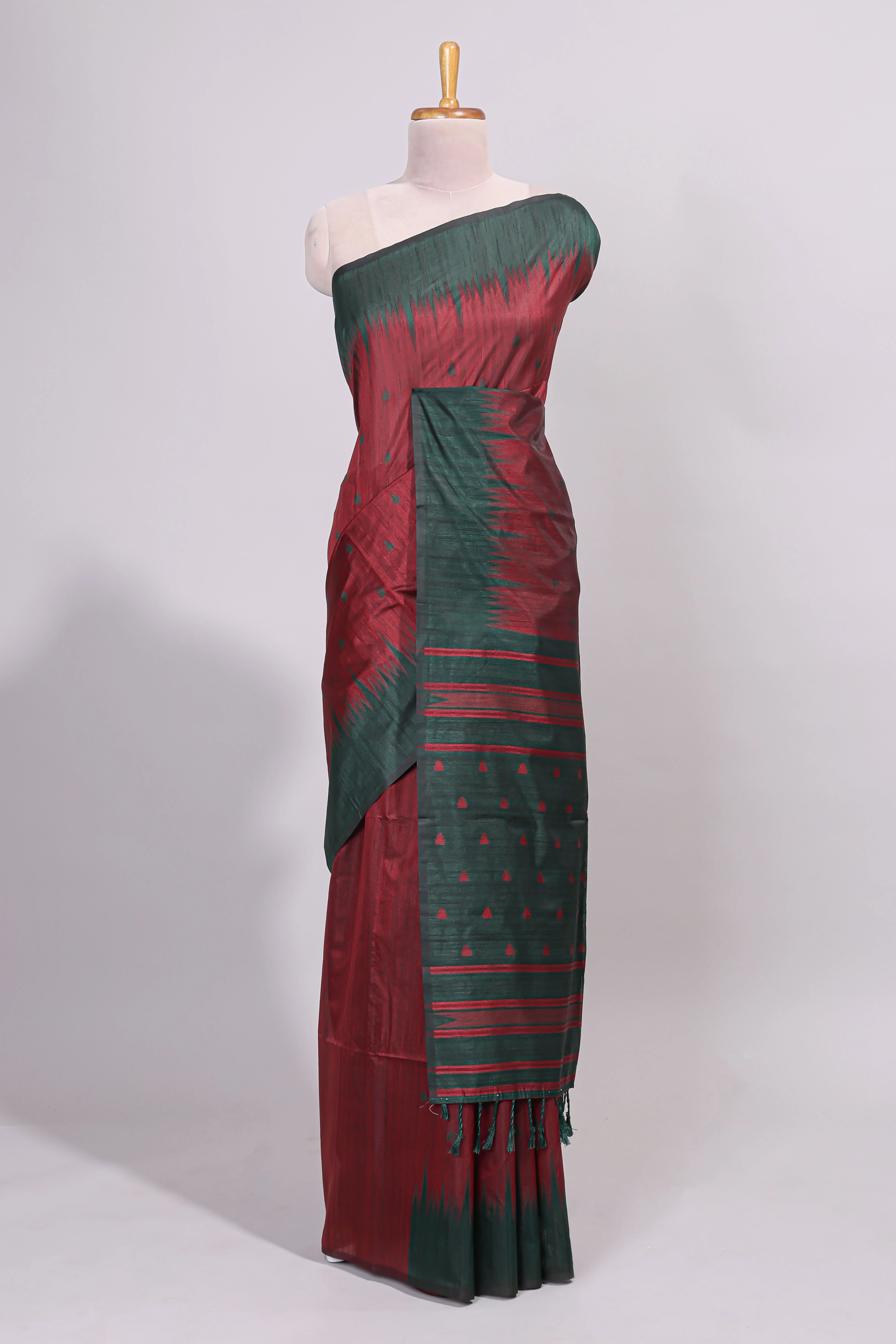 Maroon ikkat motifs design semi tussar saree with contrast border and striped blouse - Image 2