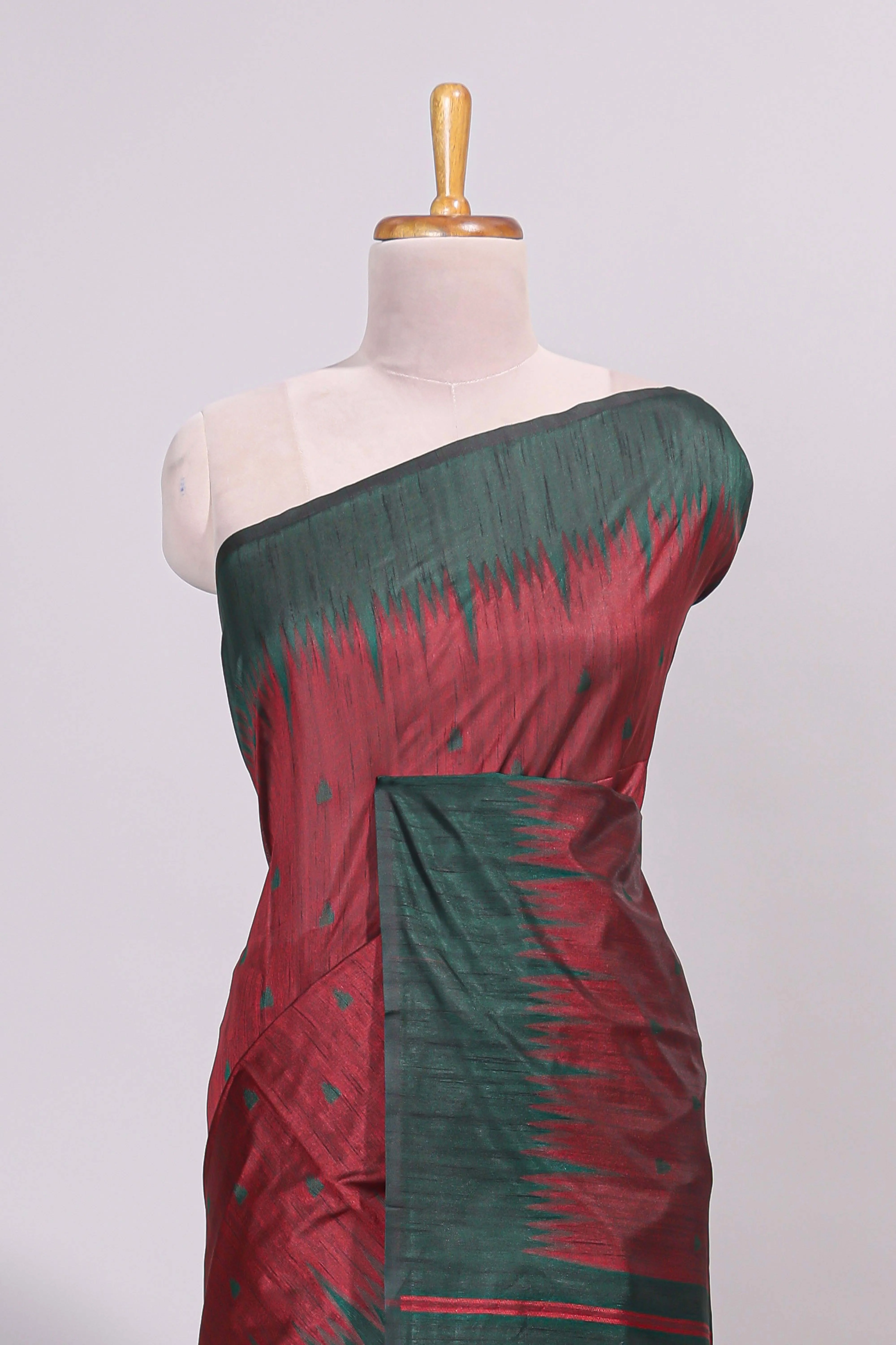 Maroon ikkat motifs design semi tussar saree with contrast border and striped blouse - Image 3