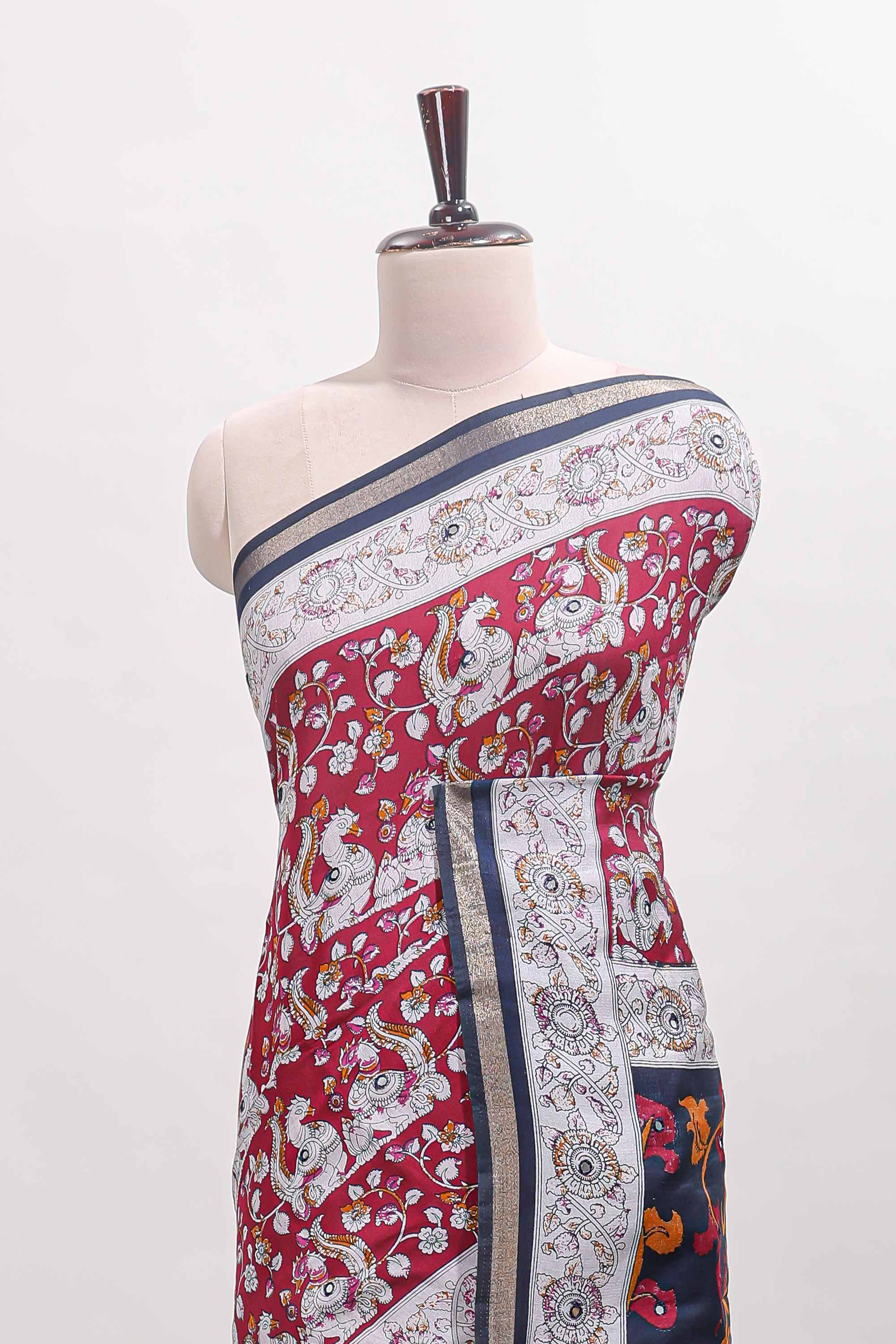 Maroon kalamkari style chanderi cotton saree with contrast border and blouse - Image 3