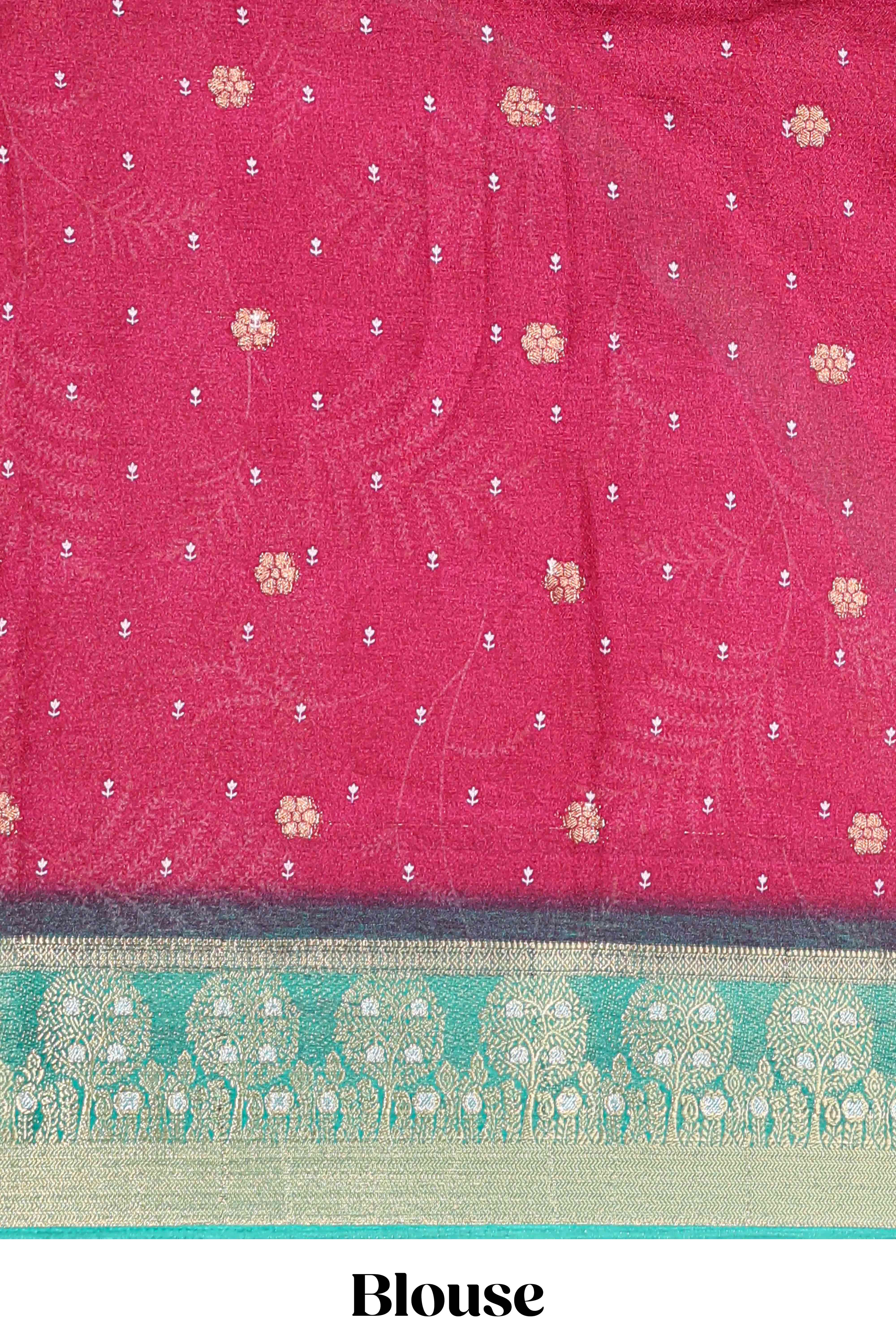 Maroon marsh mellow saree with leaf motifs, contrast border and floral butta blouse - Image 5