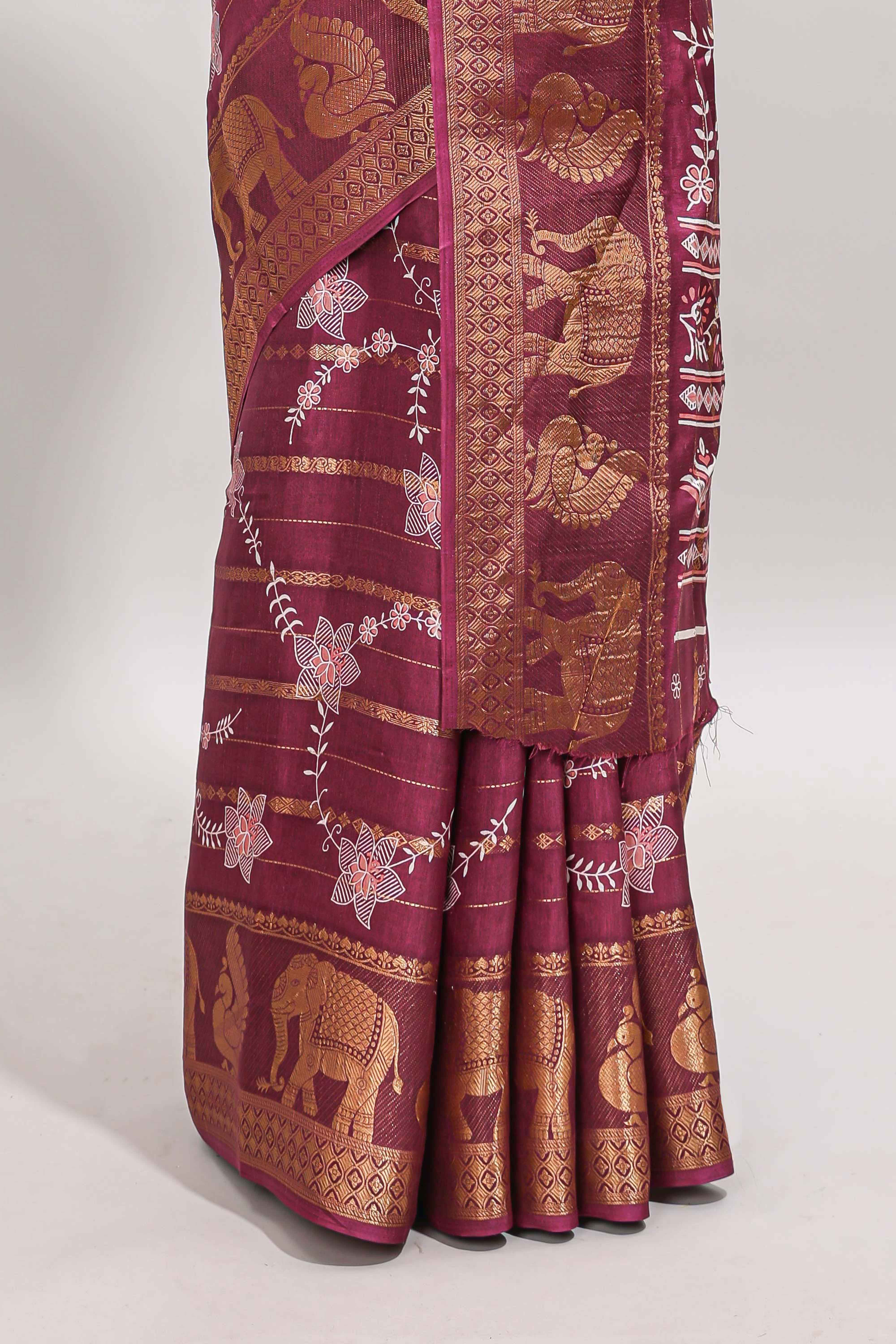 Maroon striped floral vine dola silk saree with self zari border and matching blouse - Image 4