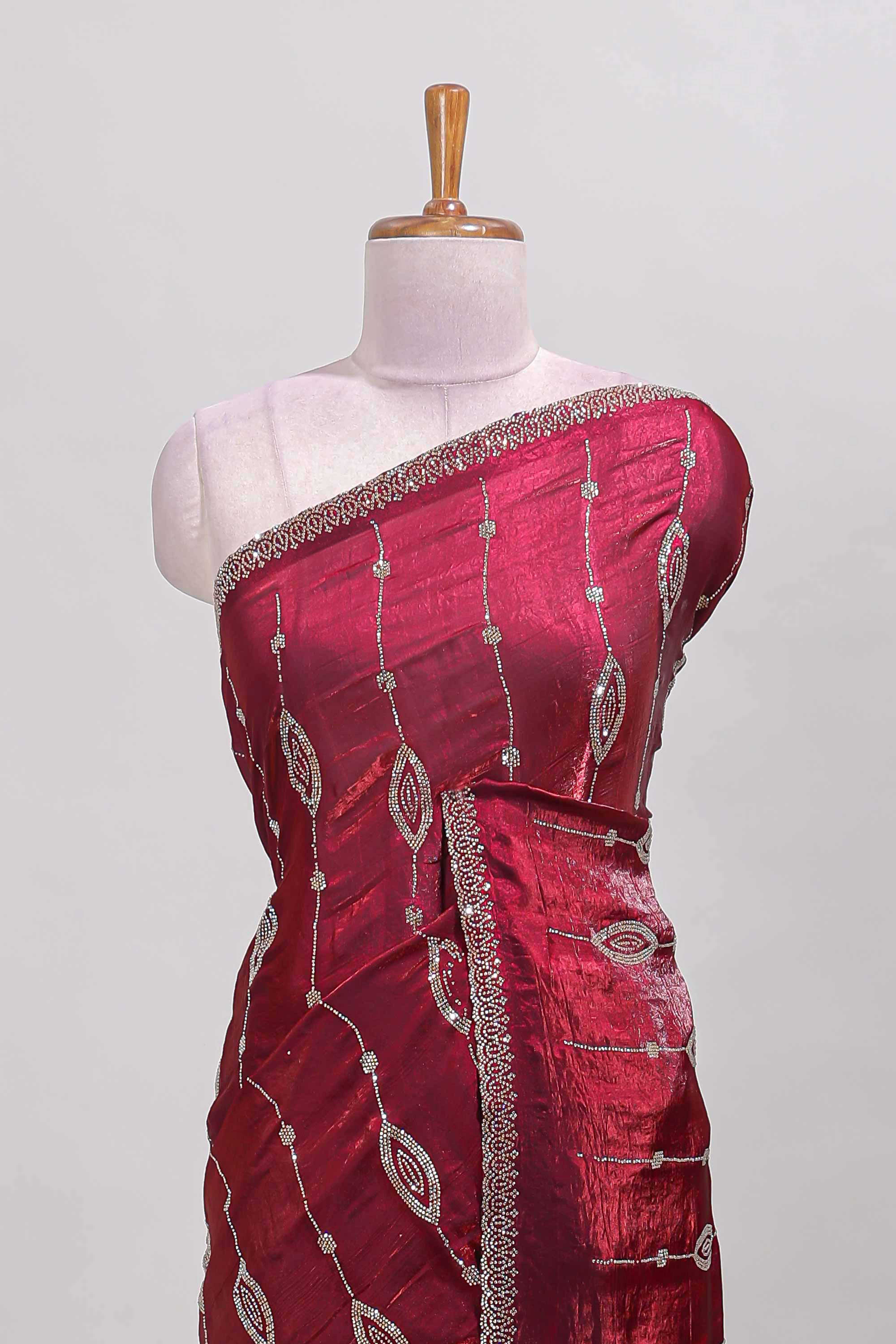 Maroon stripes stone work all over body designer saree with self scallop design border matching blouse - Image 3