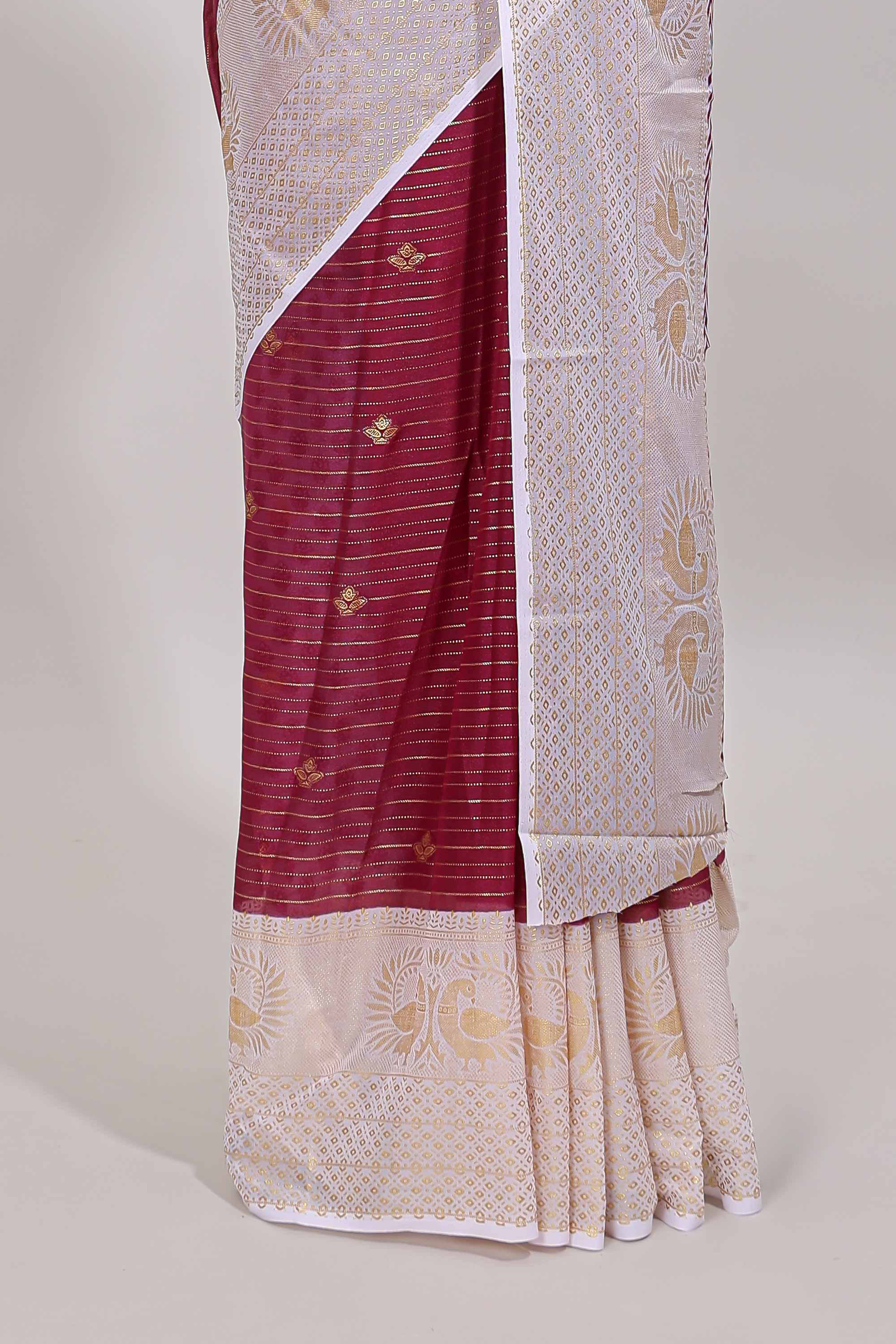 Maroon zari striped dola silk saree with contrast zari border and blouse - Image 4