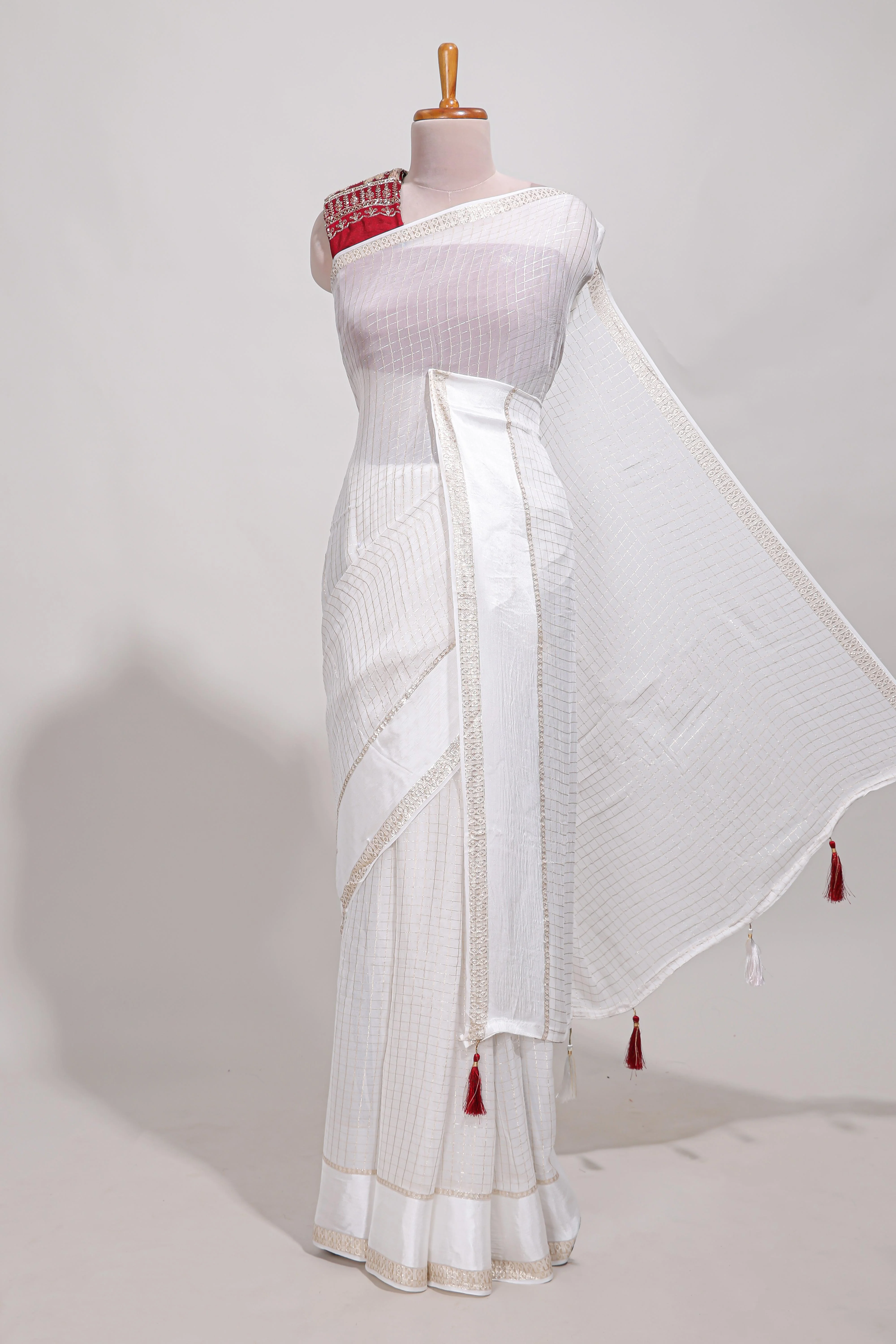 White checks georgette saree with small zari border and contrast aari work blouse - Image 2