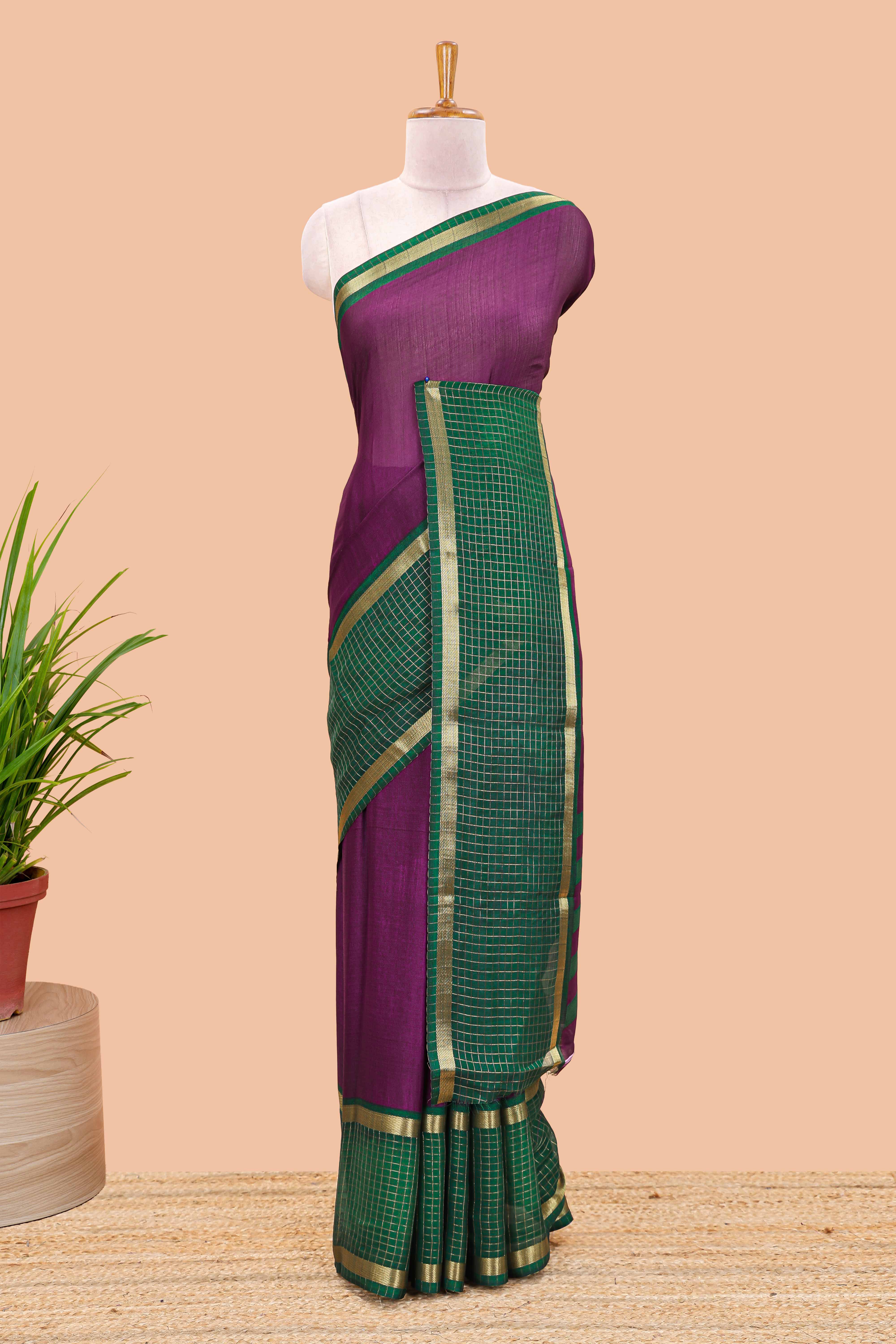 Meganta marsh georgette saree with classic contrast zari checked border and striped pallu - Image 2