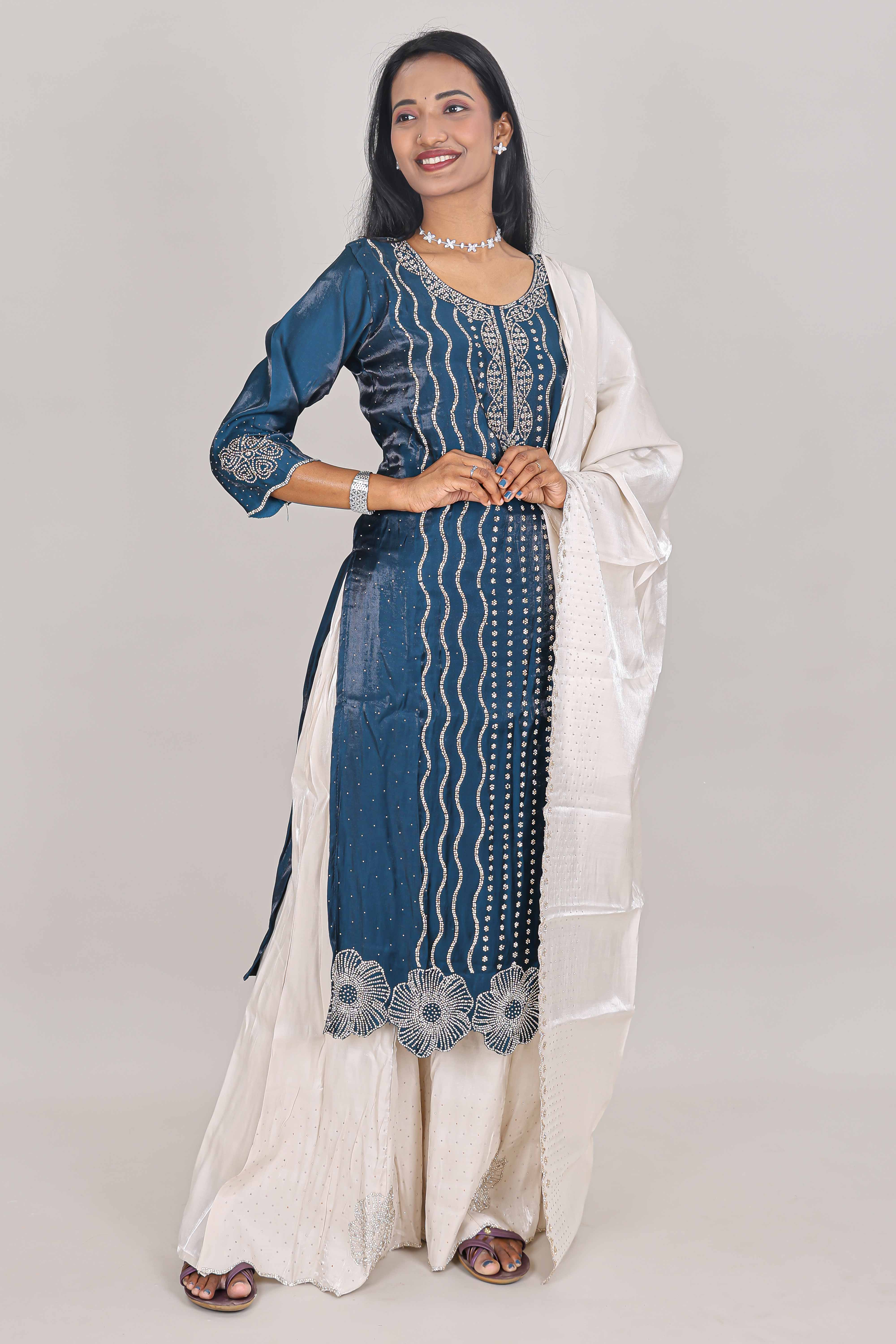 Midnight blue striped stone work embroidered sharara set with 3/4 sleeves, U-neck contrast bottom and dupatta - Image 2