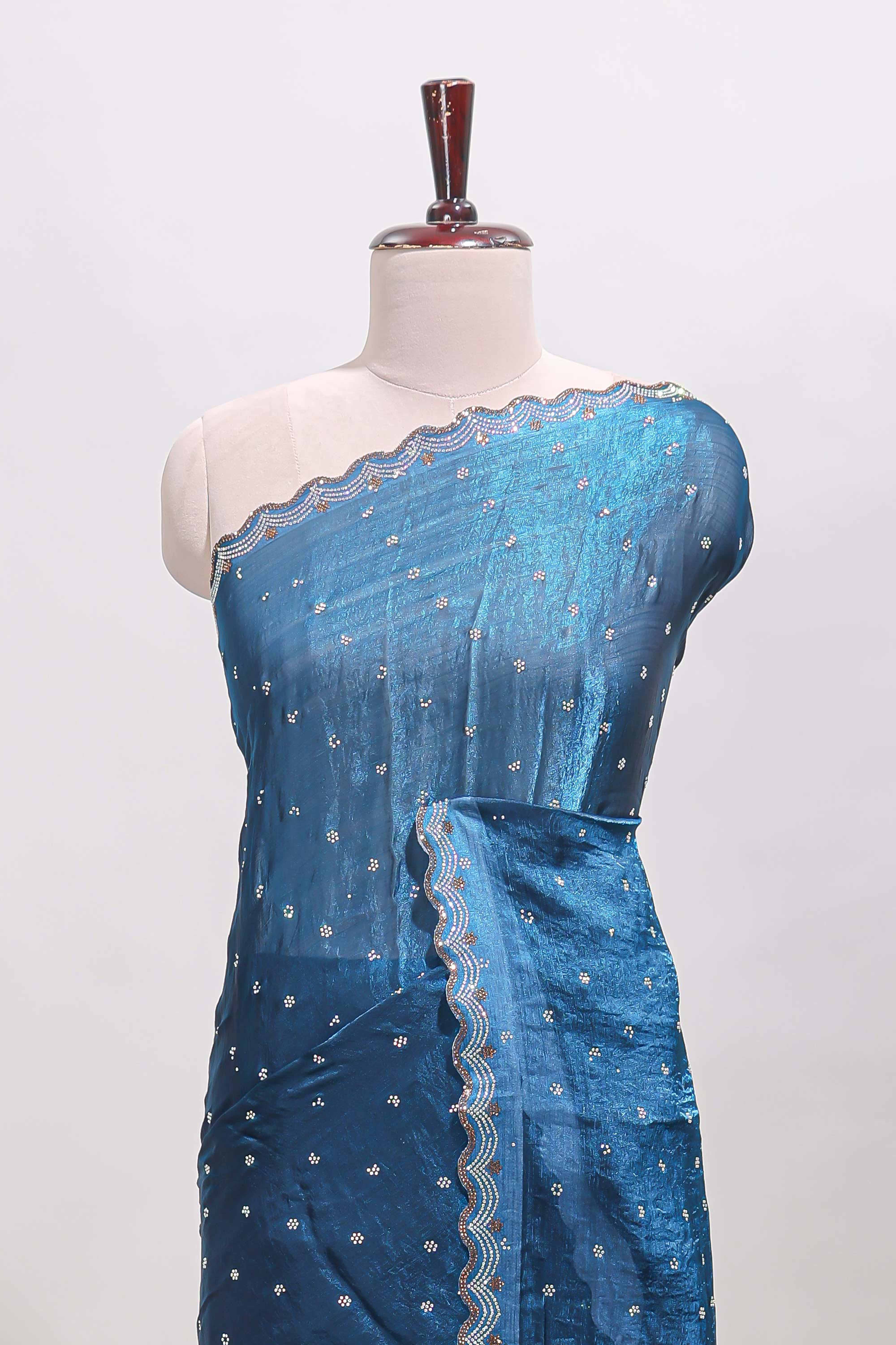 Midnight blue stone work floral motifs designer saree with self design scallop border and matching blouse - Image 3