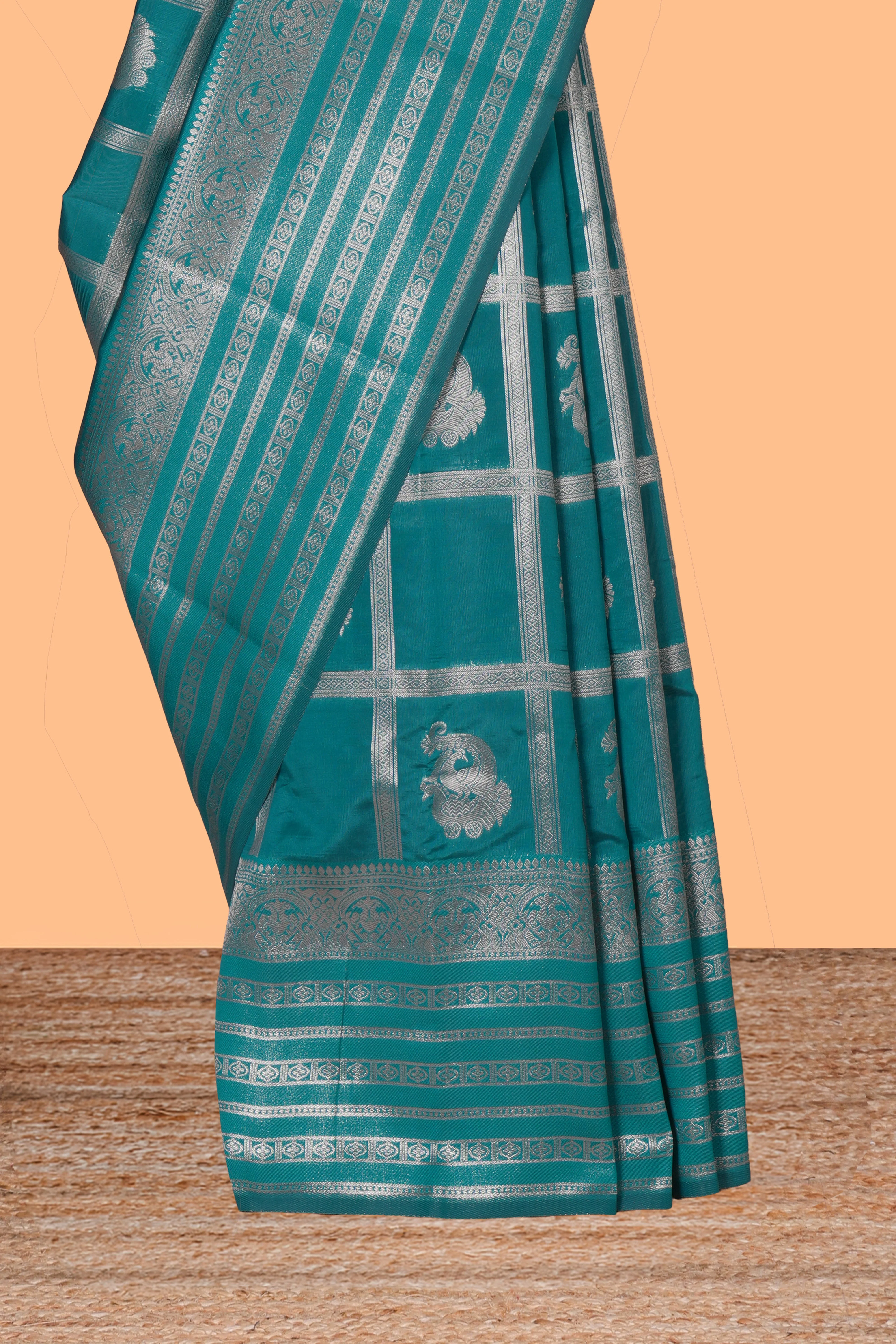 Midnight green checked zari motifs art silk saree with self zari border and matching zari motifs blouse - Image 3
