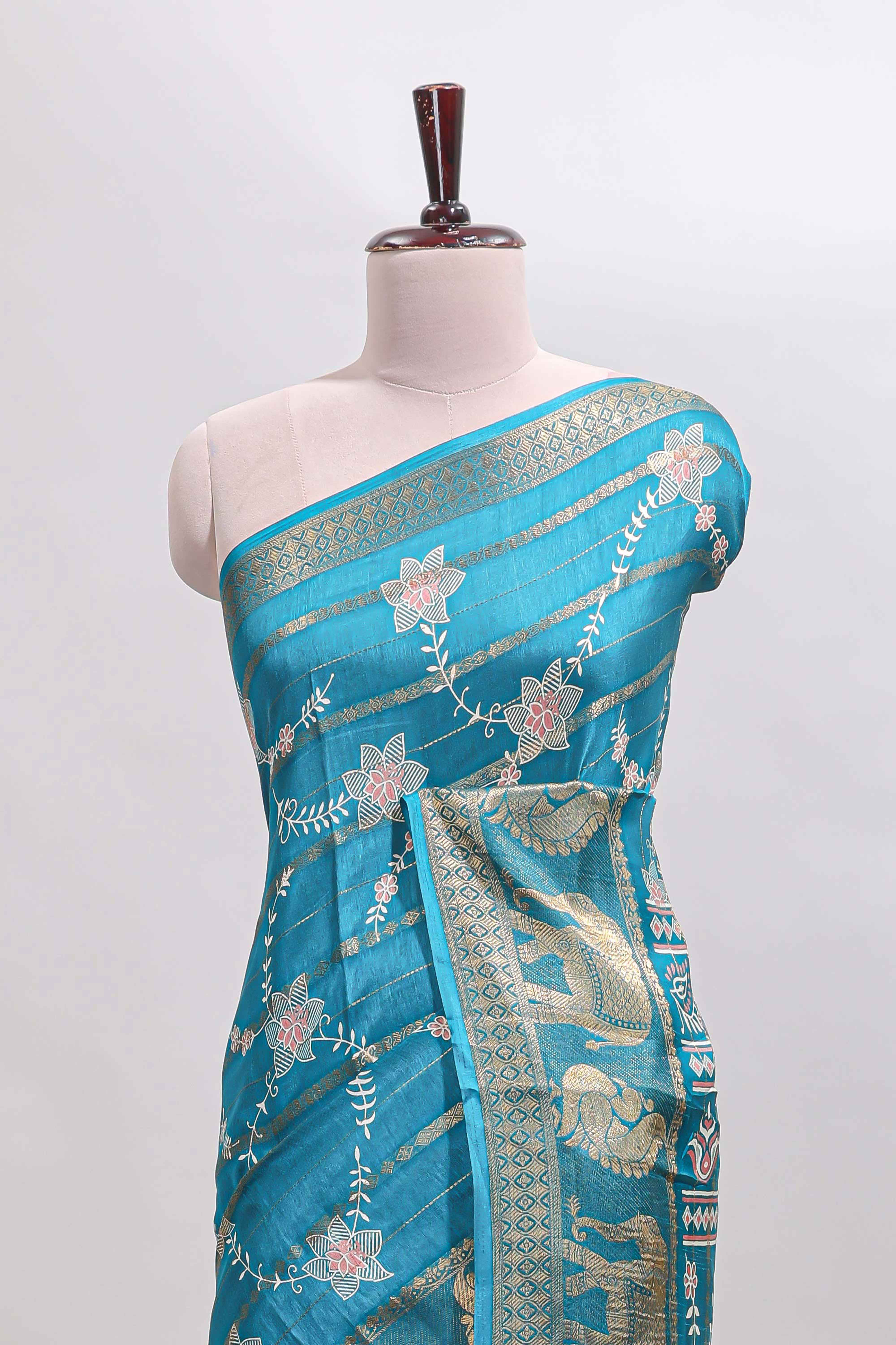 Midnight green striped floral vine dola silk saree with self zari border and matching blouse - Image 3
