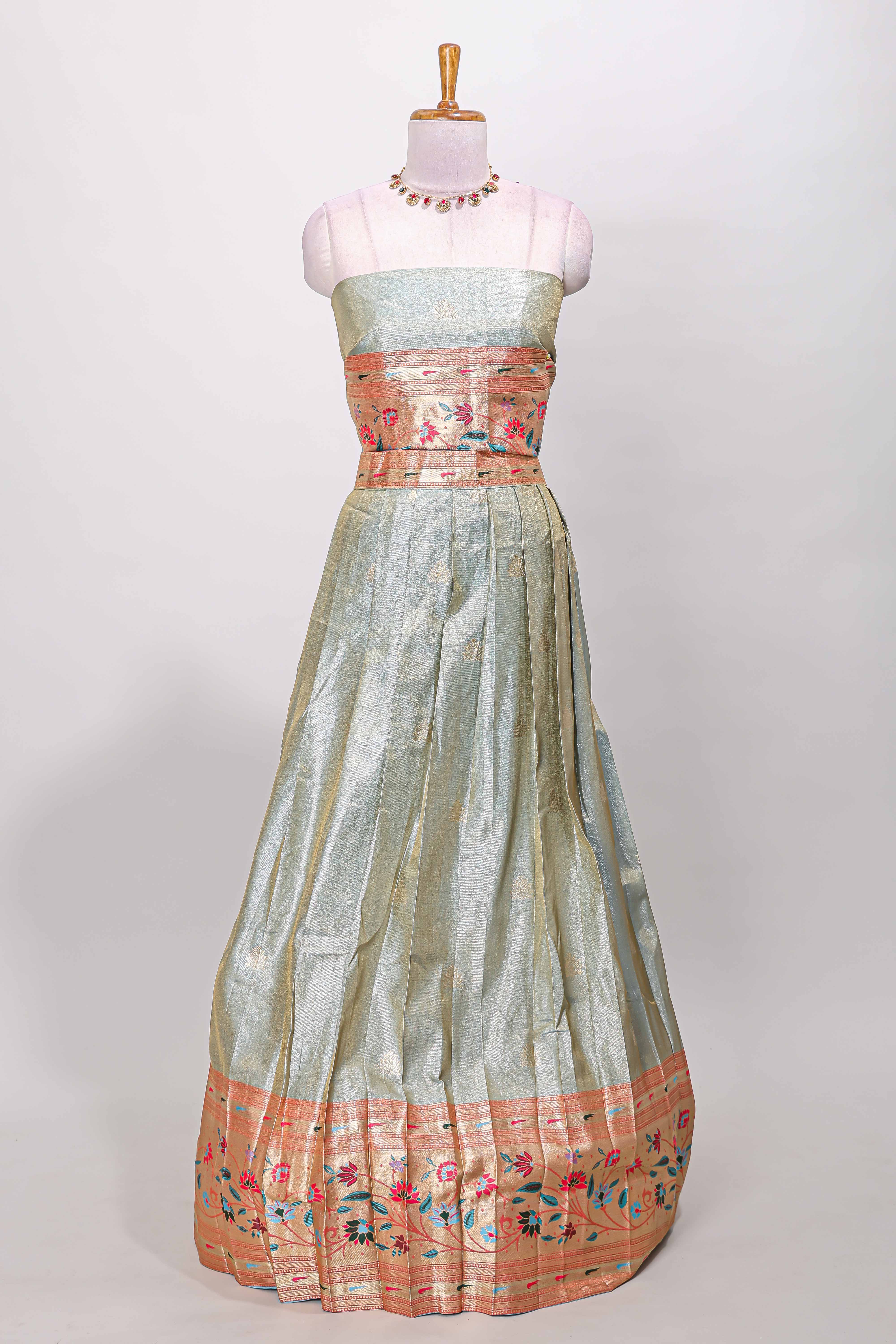 Blue tissue lehenga with floral vines butta design and contrast border dhavani - Image 3