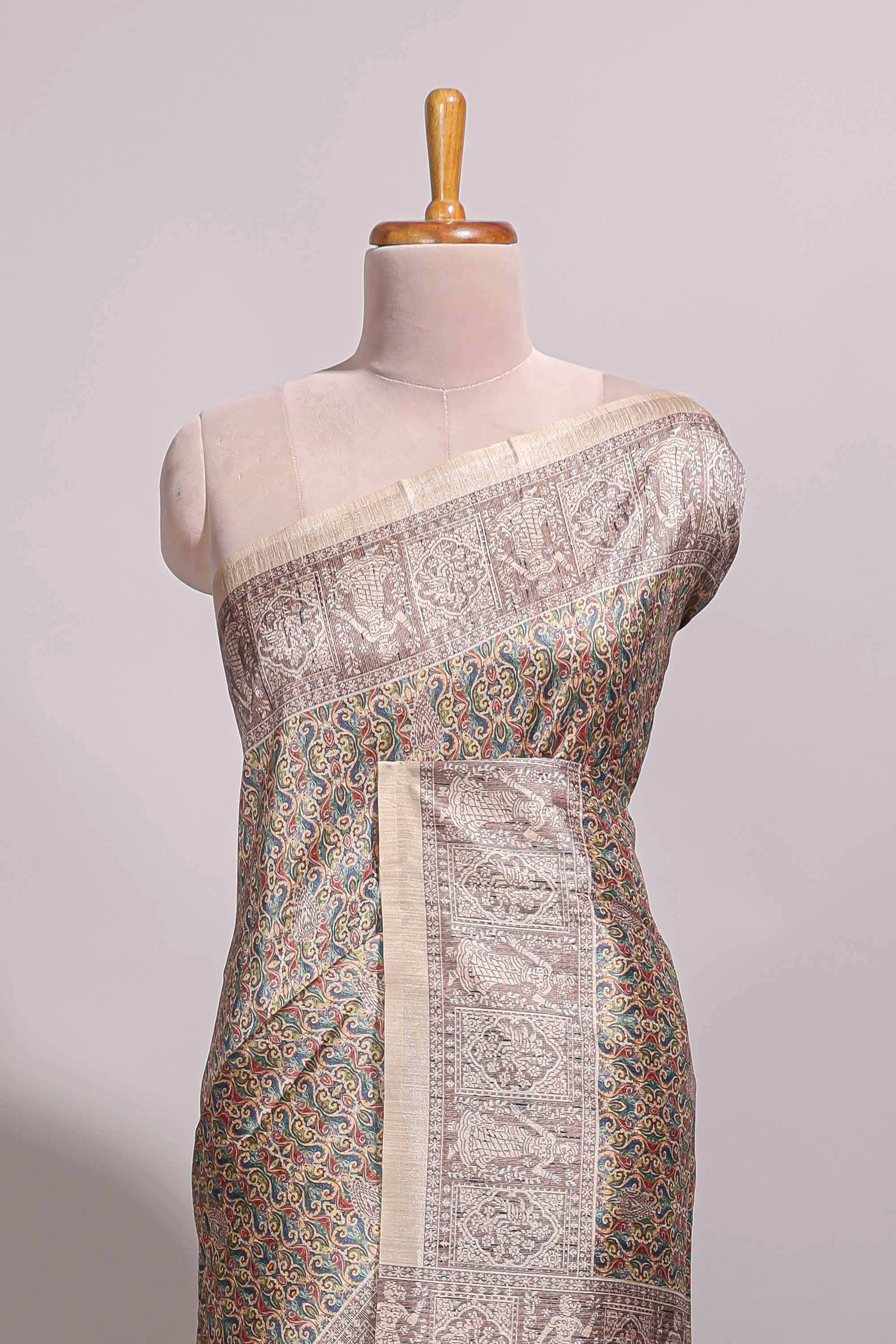Multi color all over floral design semi tussar saree with contrast border and floral printed blouse - Image 3