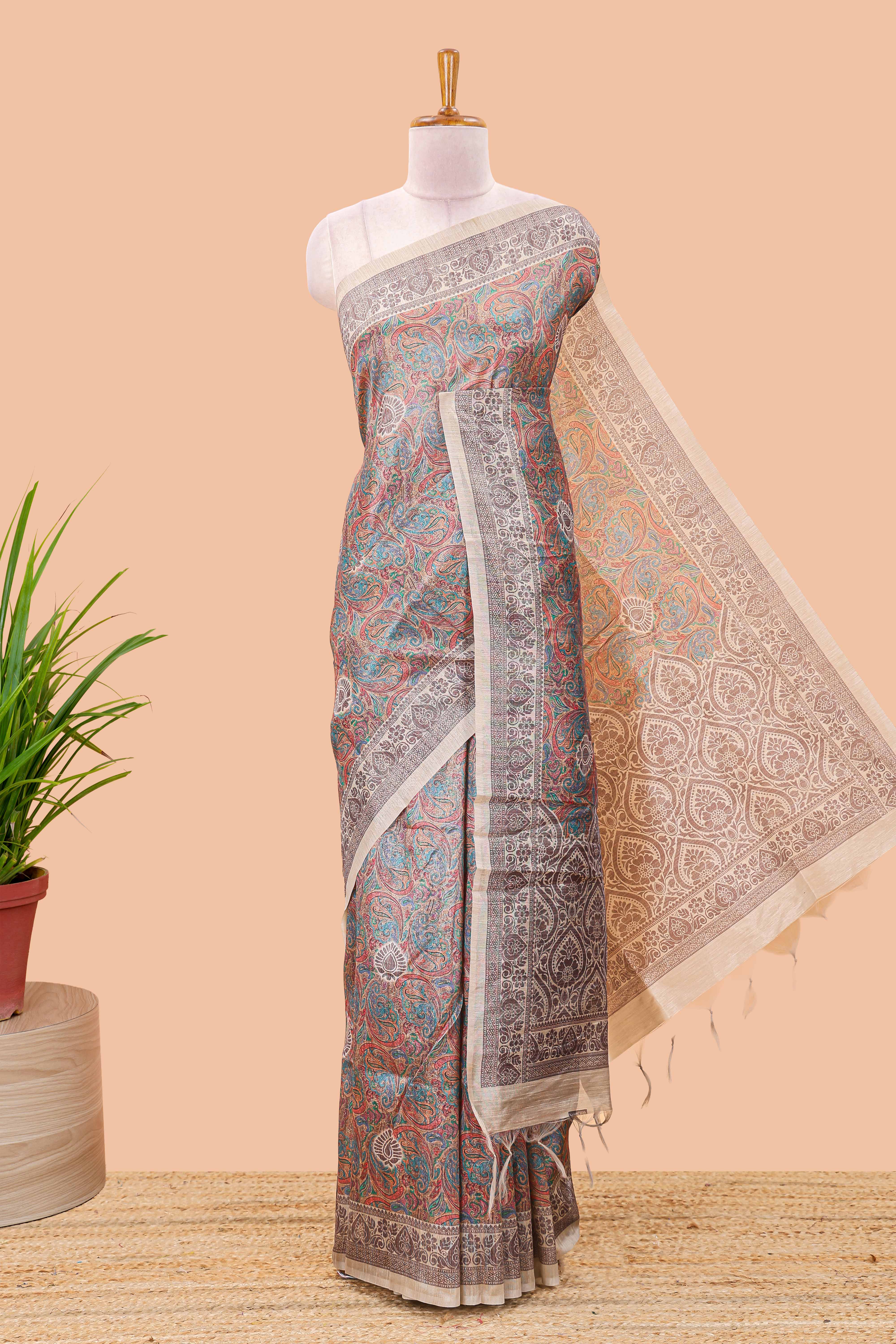 Multi color chanderi Cotton Saree with Mughal Paisley Print and Medallion Pallu