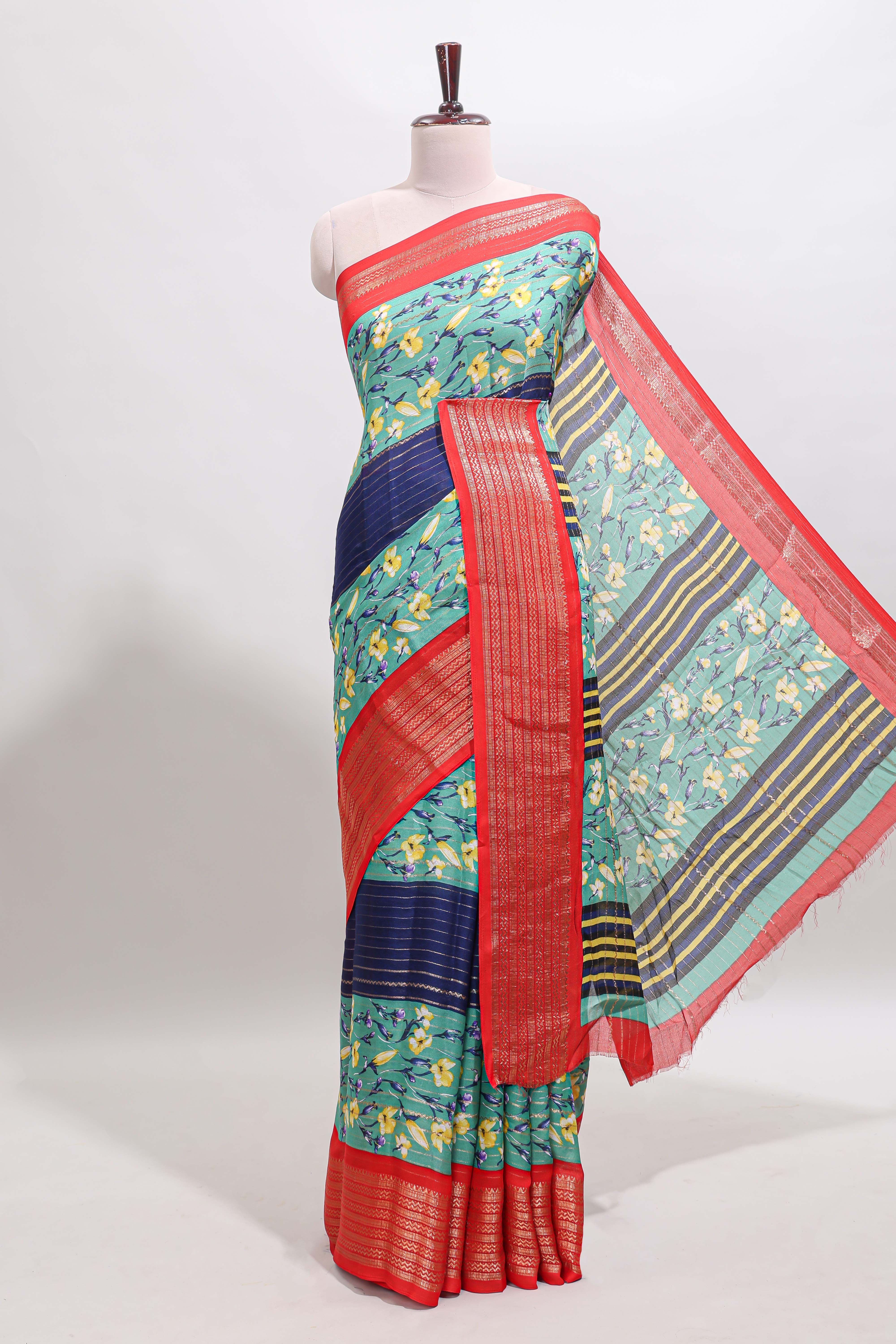 Multi color zari striped floral design marsh mellow saree with contrast zari border and blouse