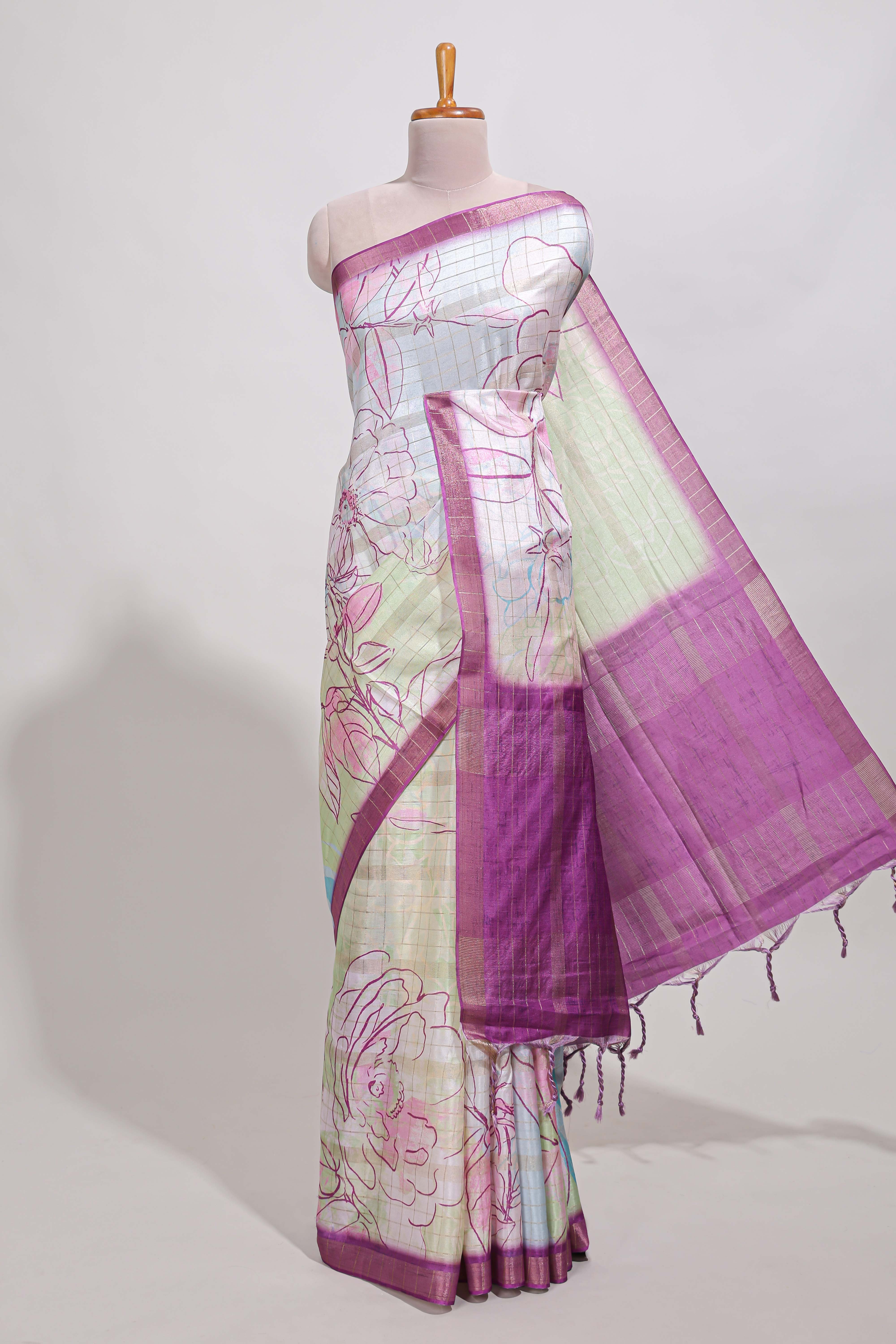 Multi colour and floral design semi tussar saree with contrast border and contrast blouse - Image 2