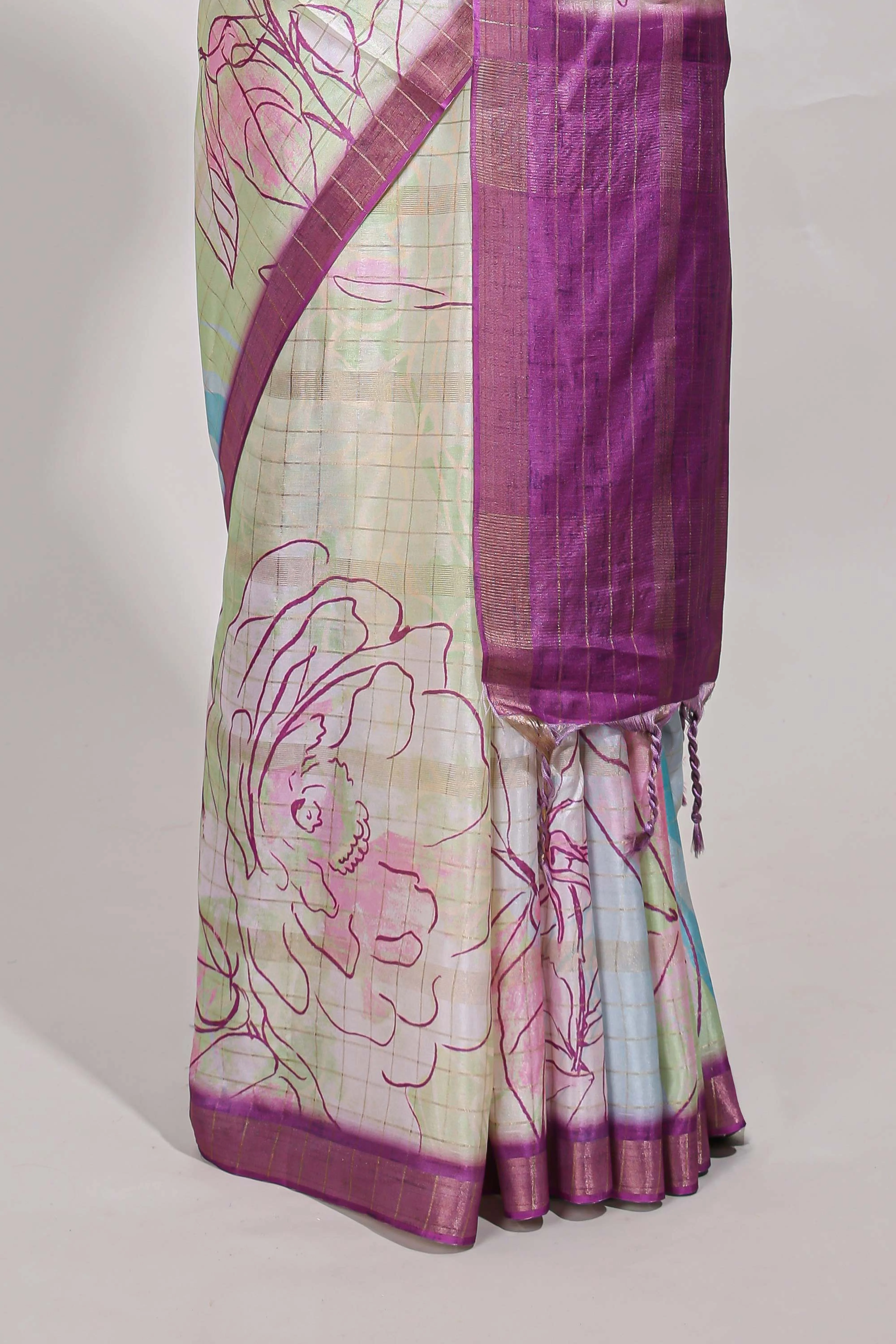 Multi colour and floral design semi tussar saree with contrast border and contrast blouse - Image 4