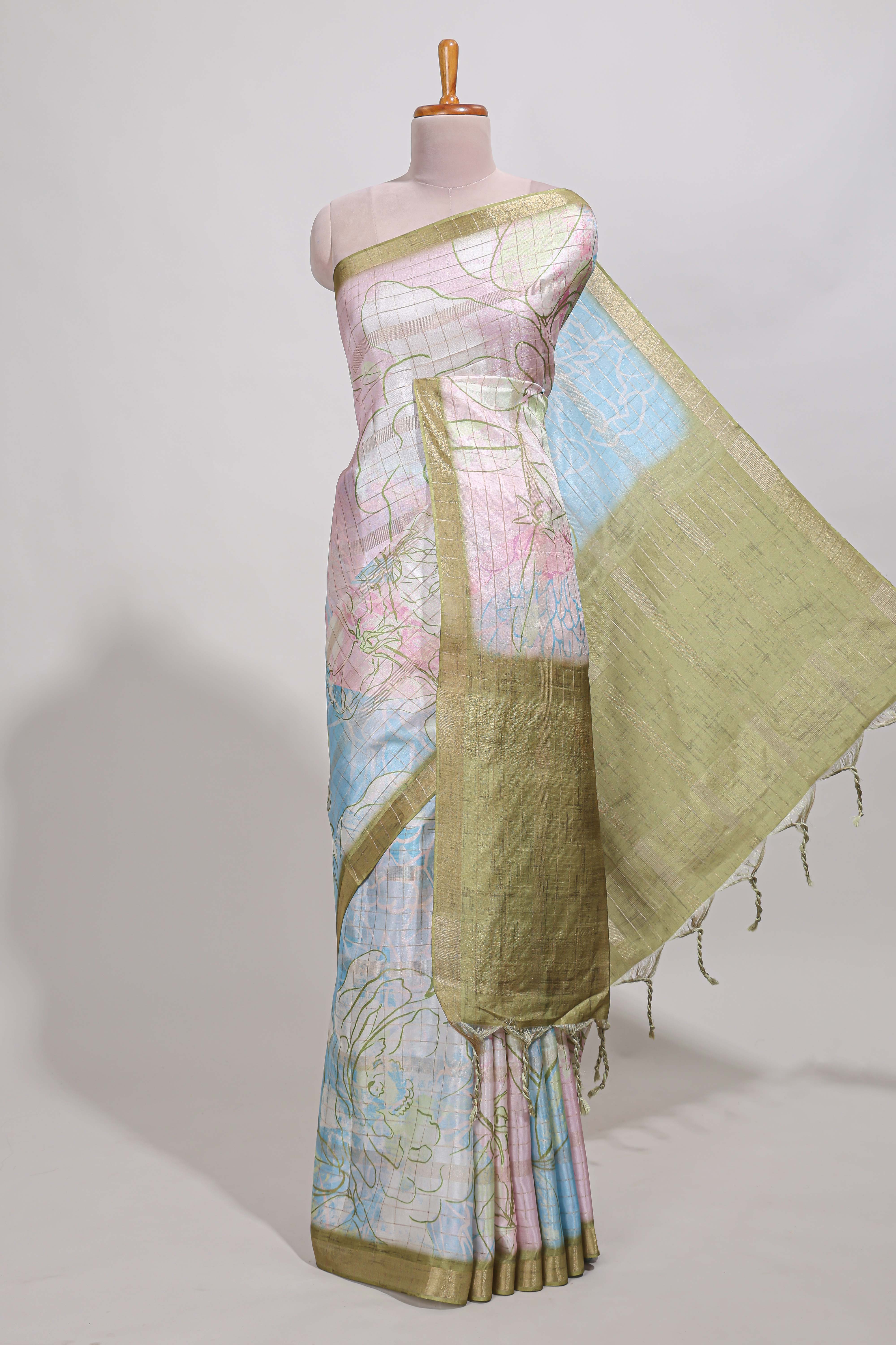 Multi colour and floral design  semi tussar saree with olive border and  contrast blouse - Image 2