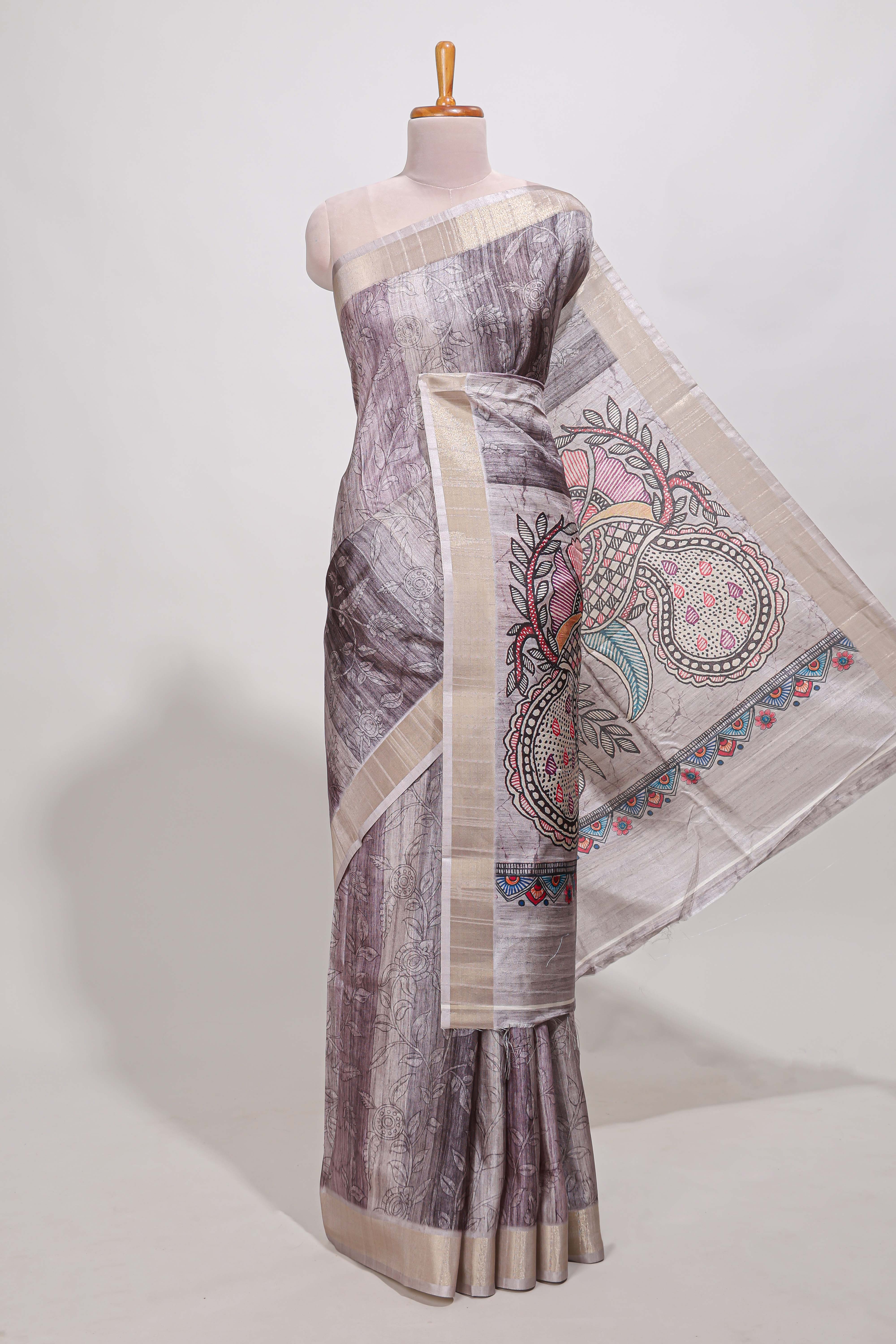 Multi colour kalamakri tussar saree body with floral creeper prints zari border and kalamkari peacock motif print pallu - Image 2