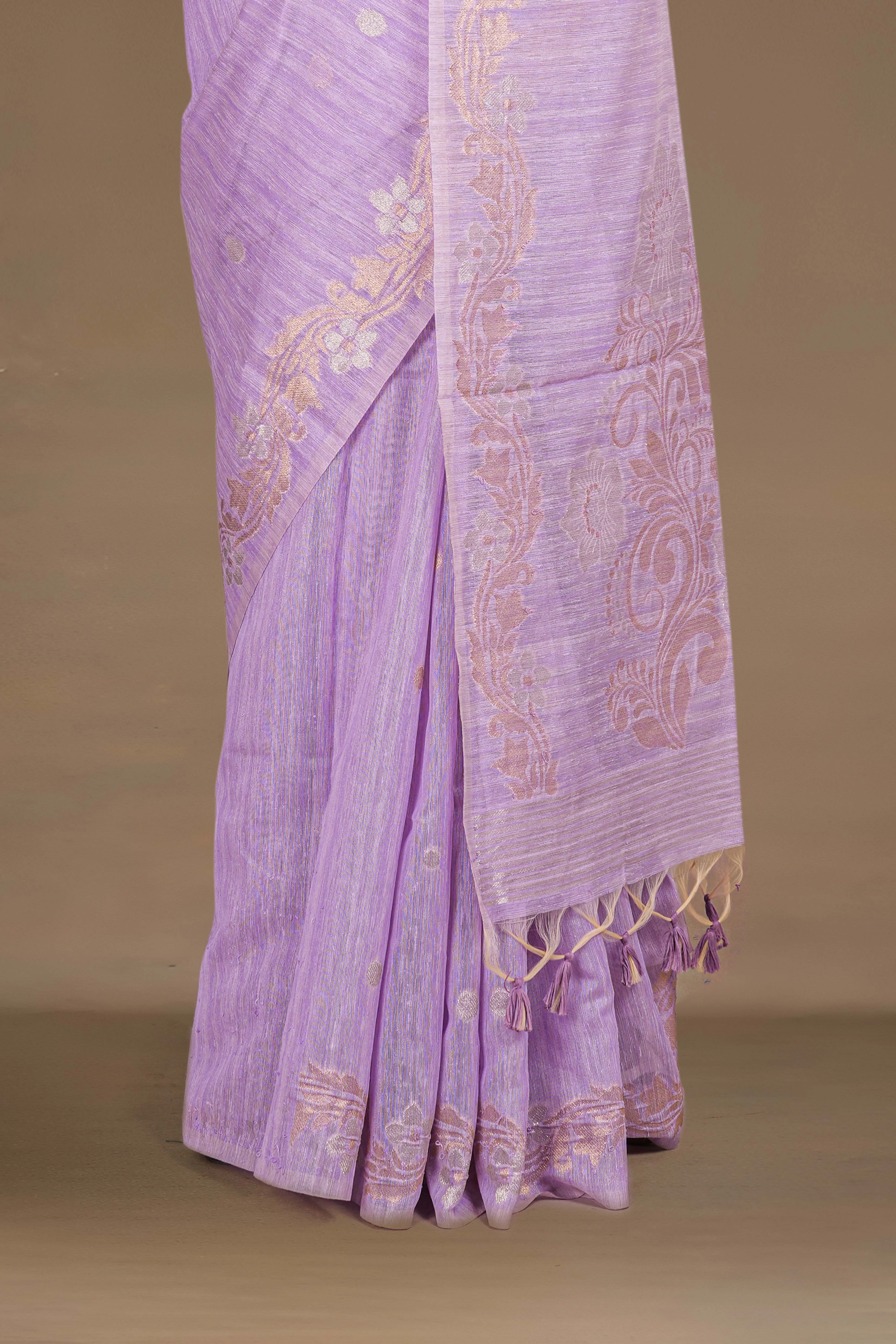 Munga Cotton Saree Zari Butta Across The Body With Vine Motifs Weaving Pallu - Image 4