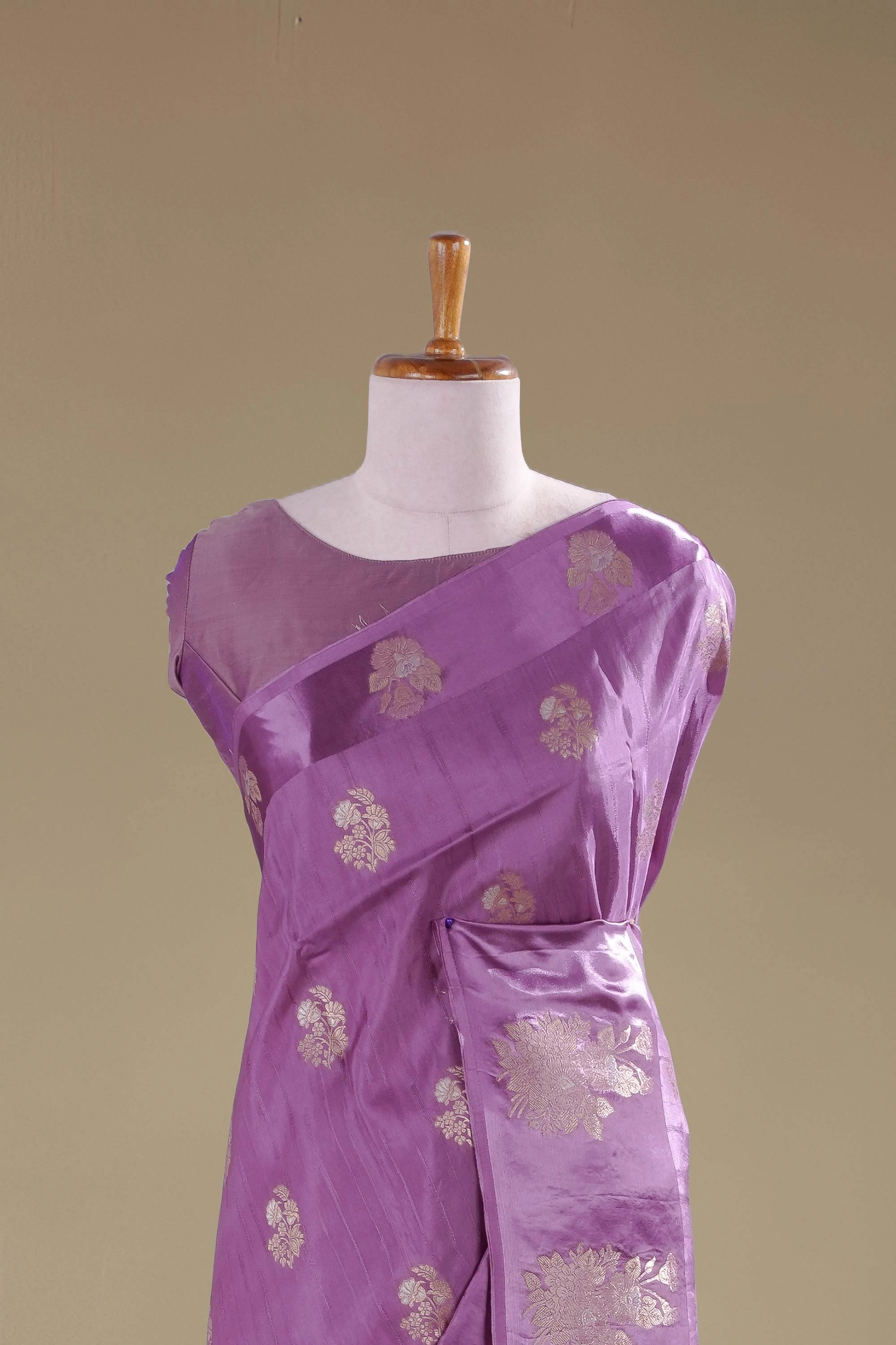 Mushru Silk With Gold Zari Floral Butta Designs Self Border - Image 3