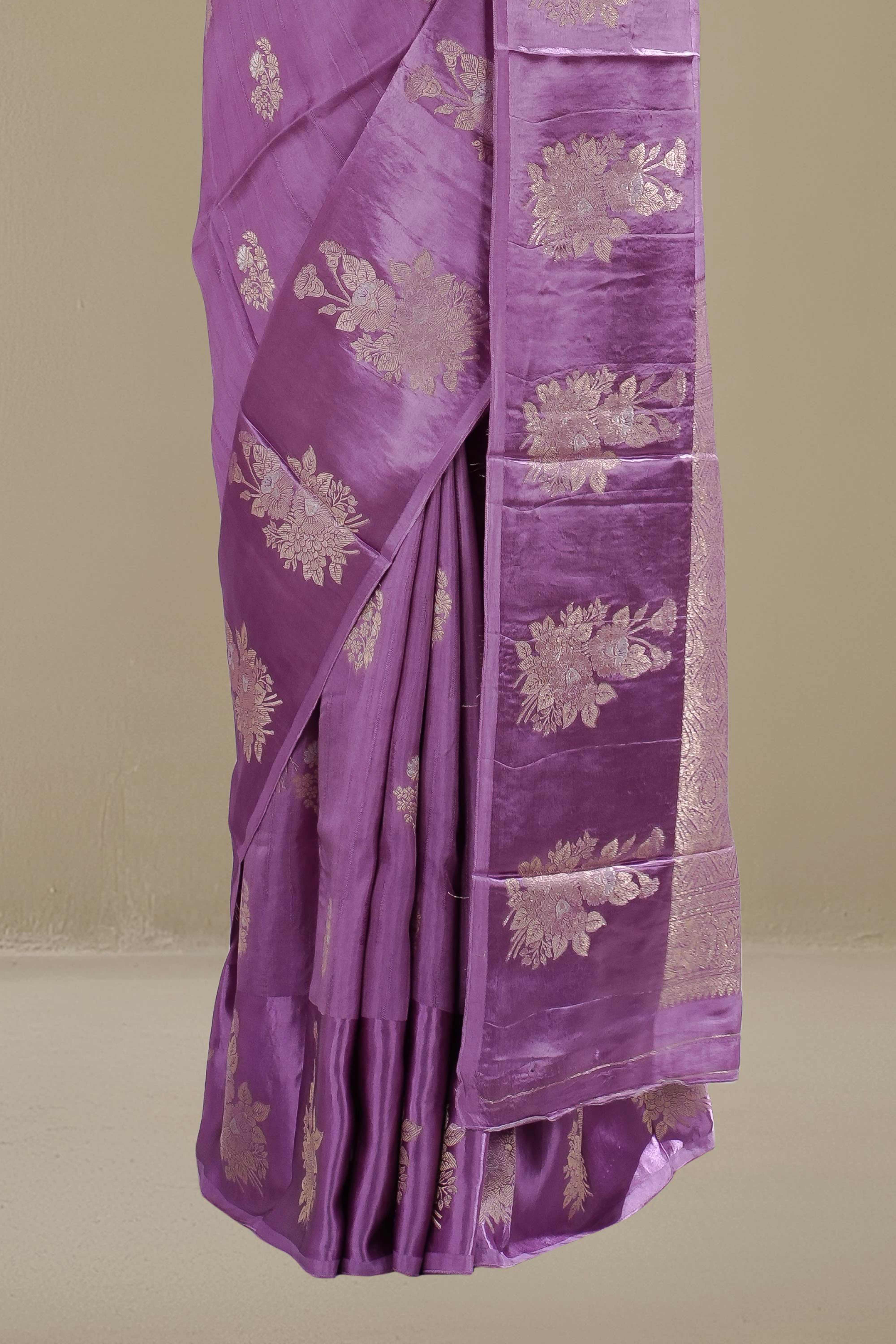 Mushru Silk With Gold Zari Floral Butta Designs Self Border - Image 4
