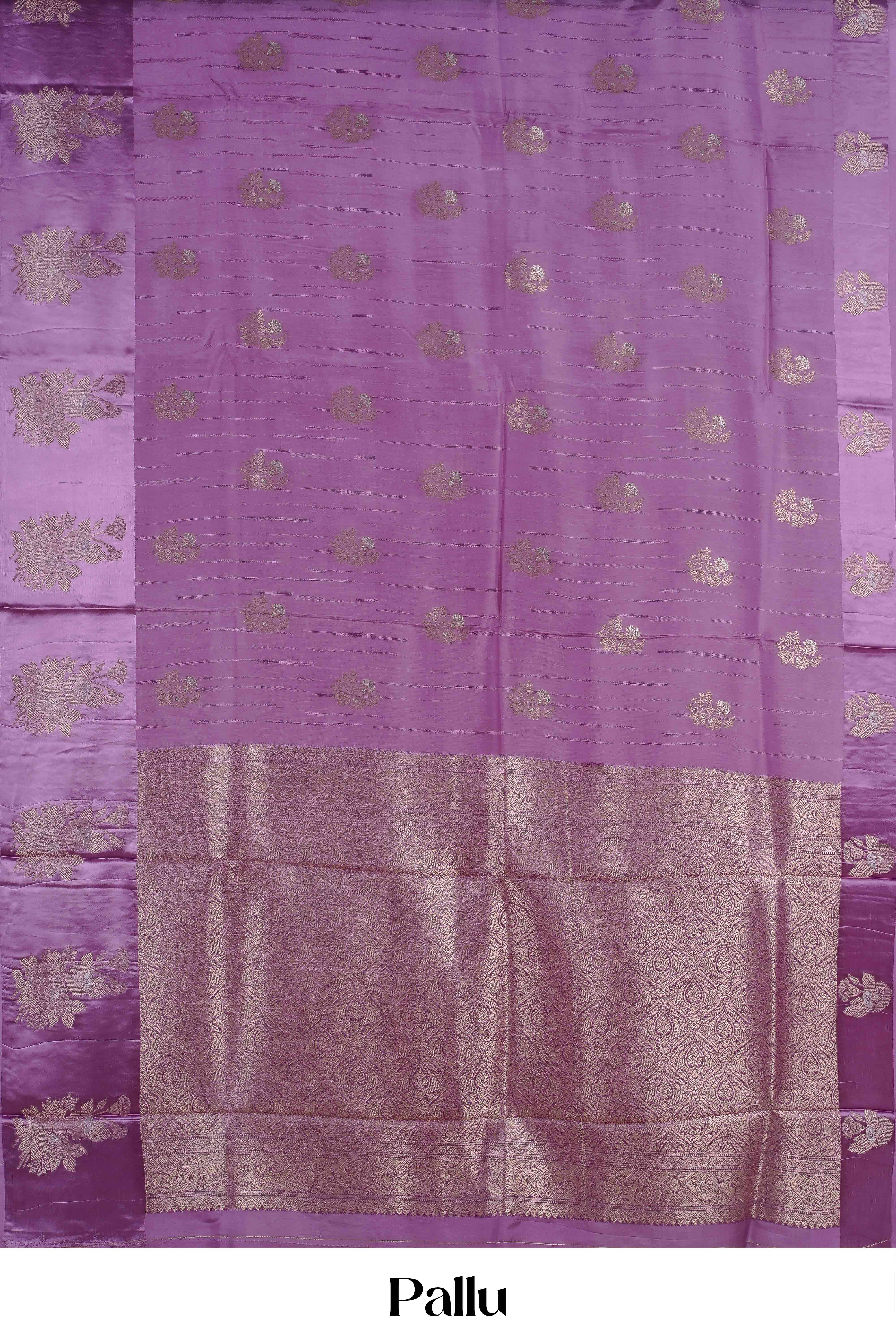 Mushru Silk With Gold Zari Floral Butta Designs Self Border - Image 5