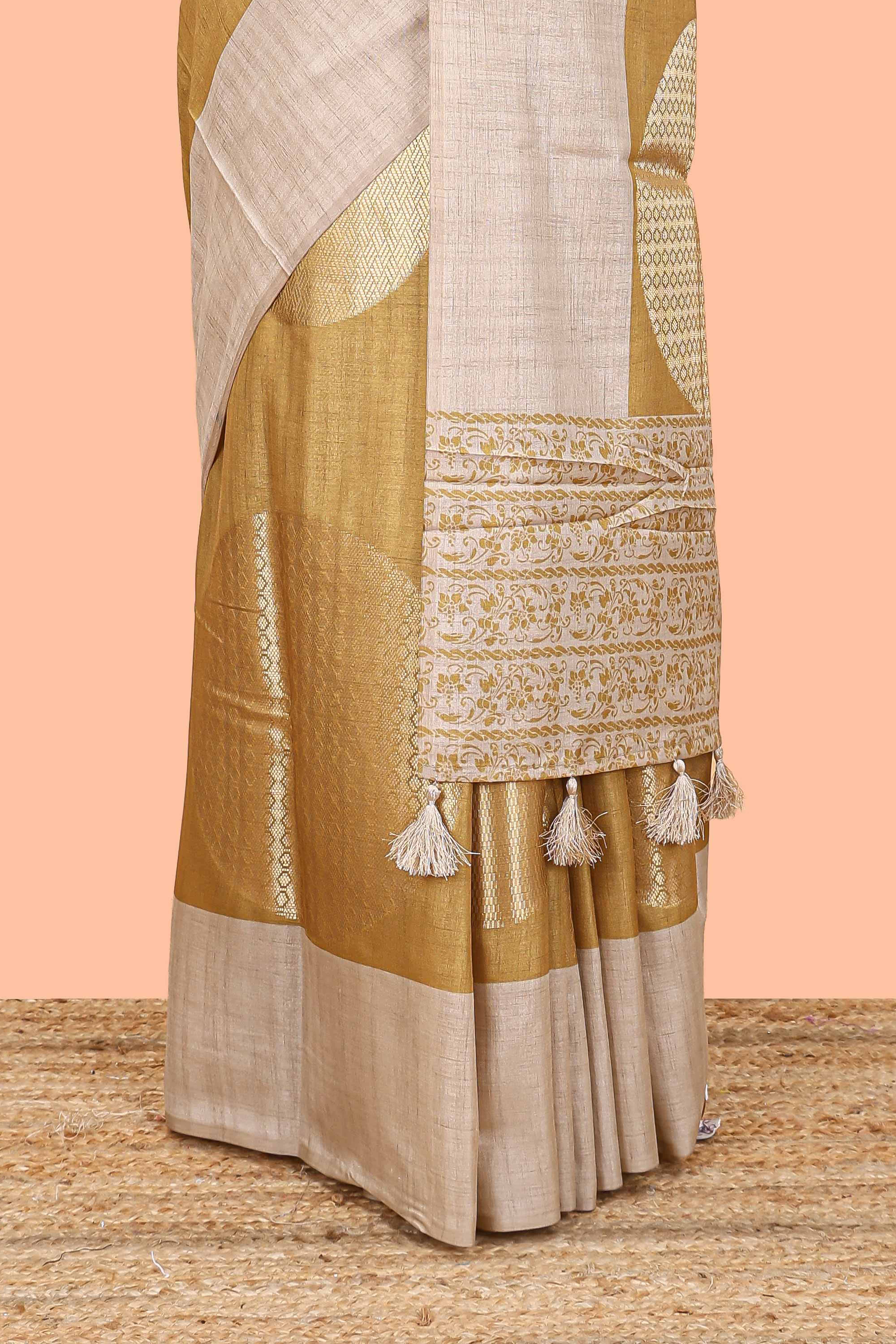 Mustard art tussar saree with large circular zari buttas and contrast cream floral pallu - Image 4