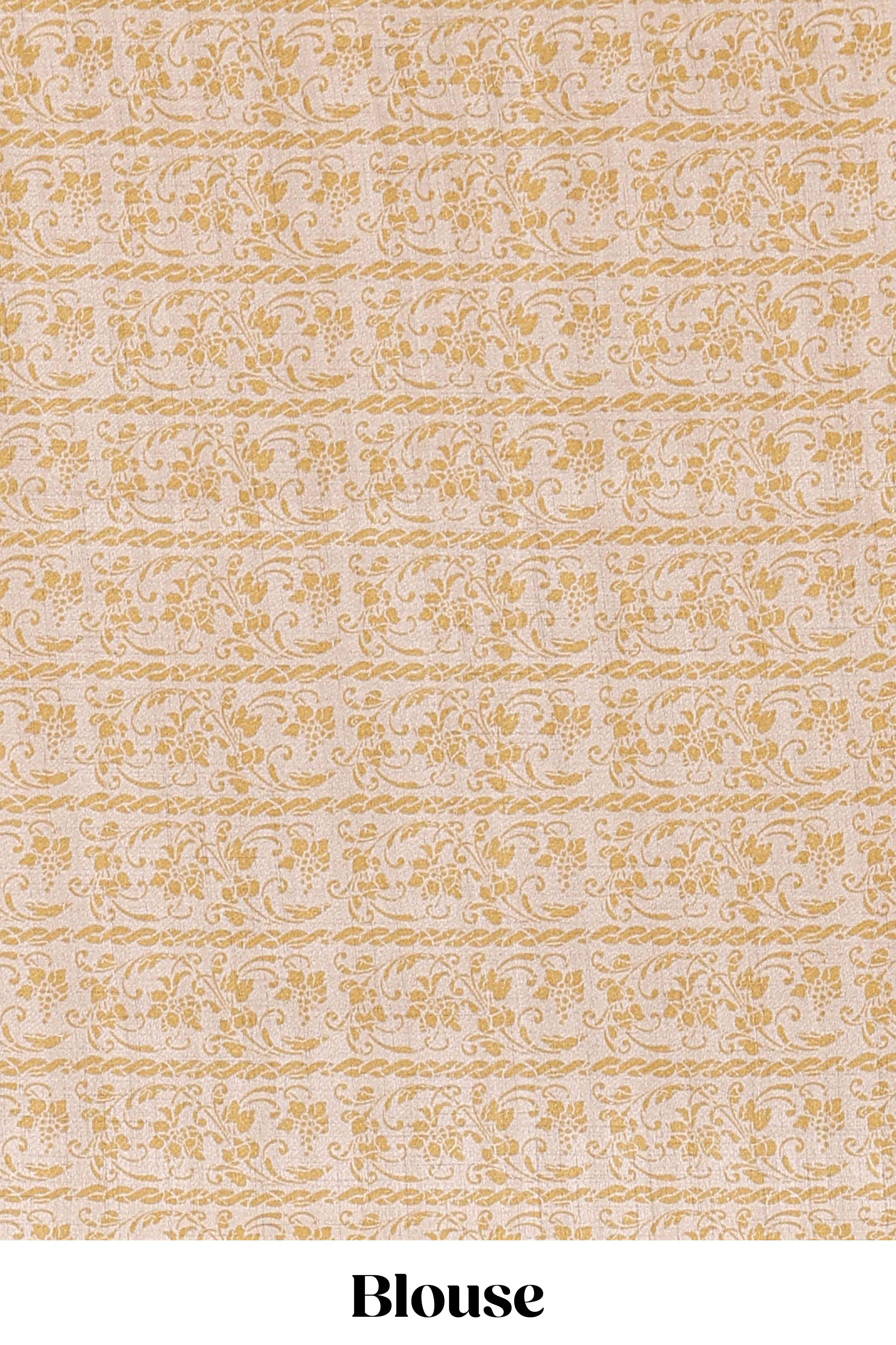 Mustard art tussar saree with large circular zari buttas and contrast cream floral pallu - Image 5