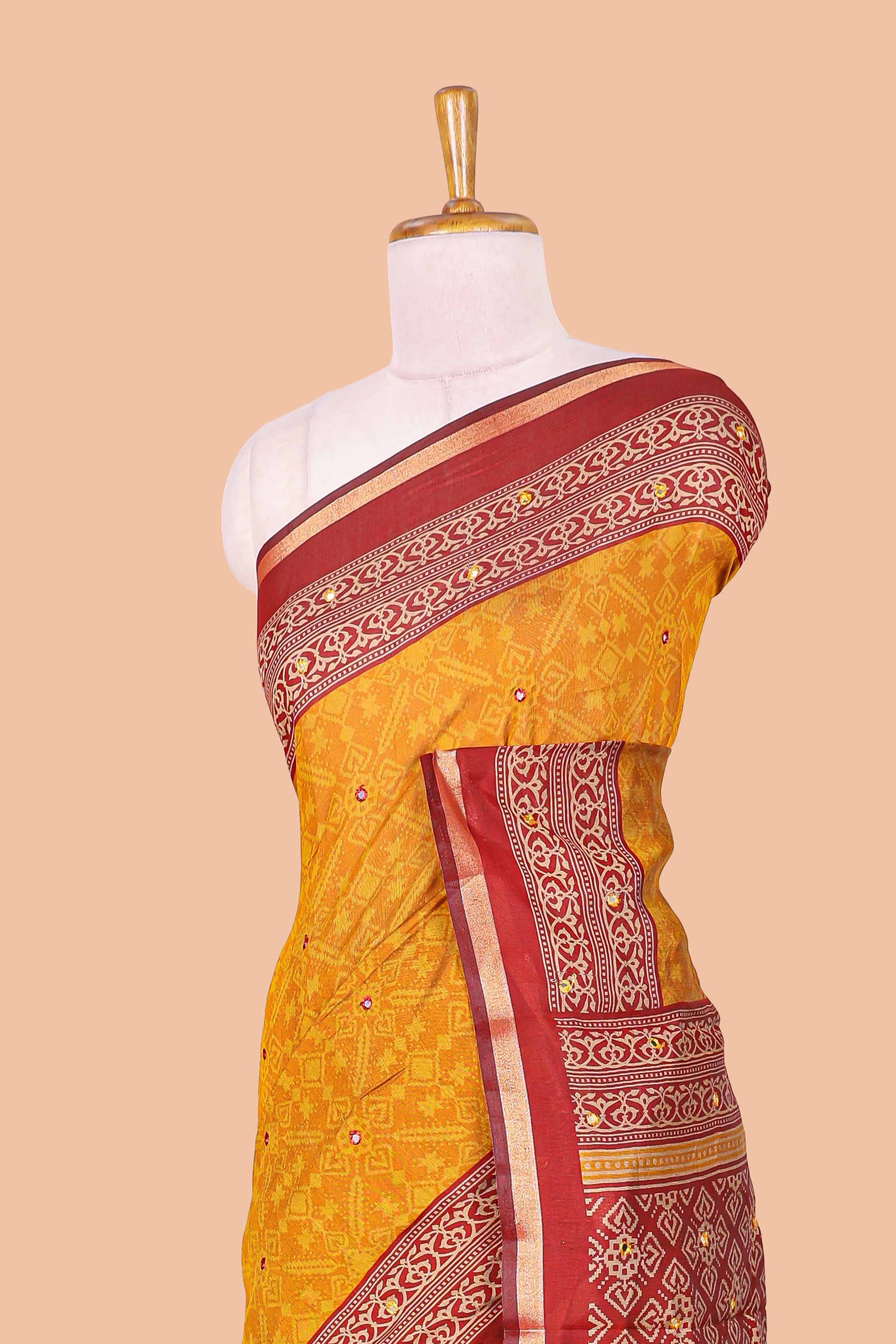 Mustard chanderi cotton geometric diamond mirror work saree with contrast zari border - Image 3