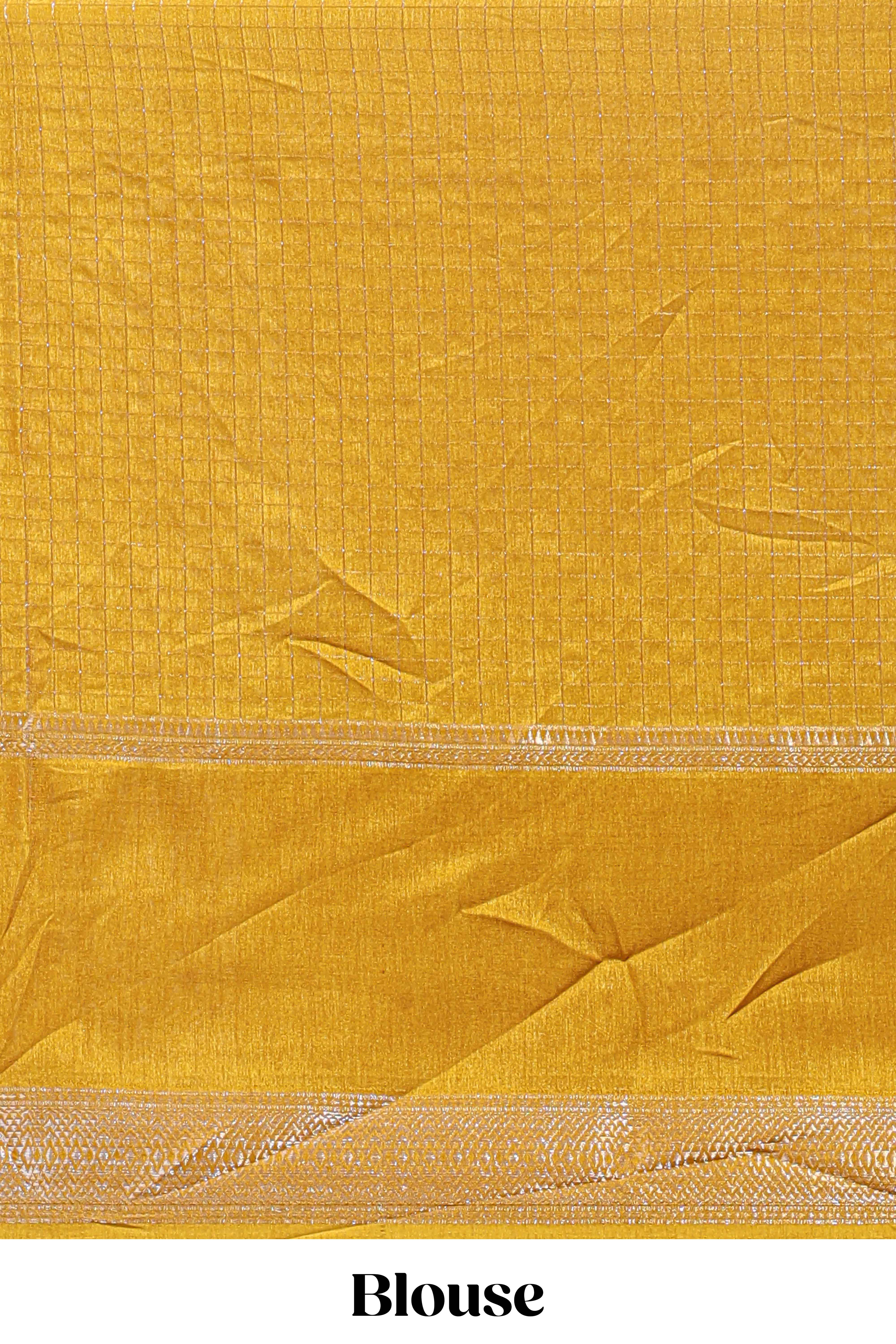 Mustard checked elephant motifs dola silk saree with self zari border and striped pallu - Image 5