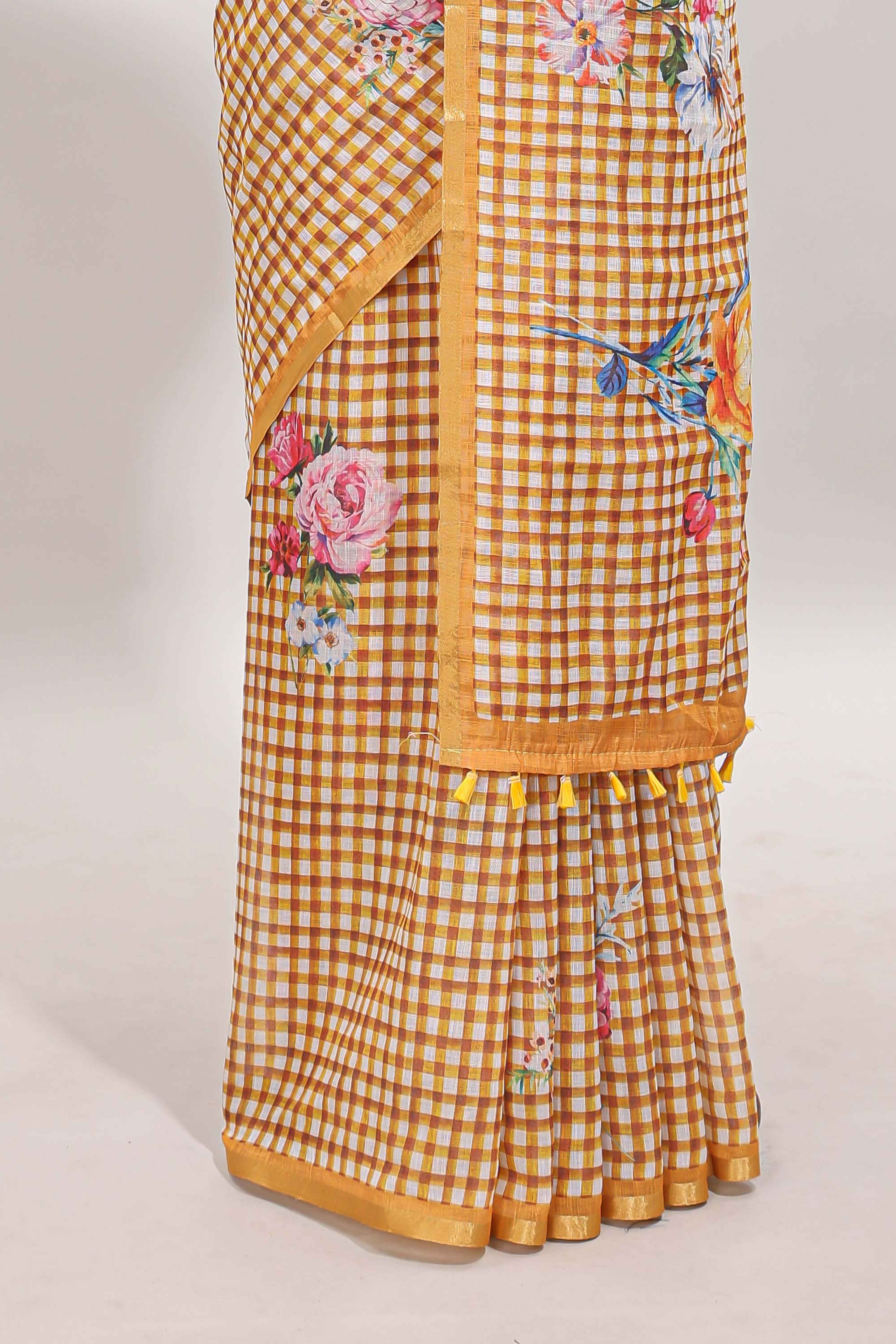 Mustard checked floral motifs linen cotton saree with self zari border matching blouse - Image 4