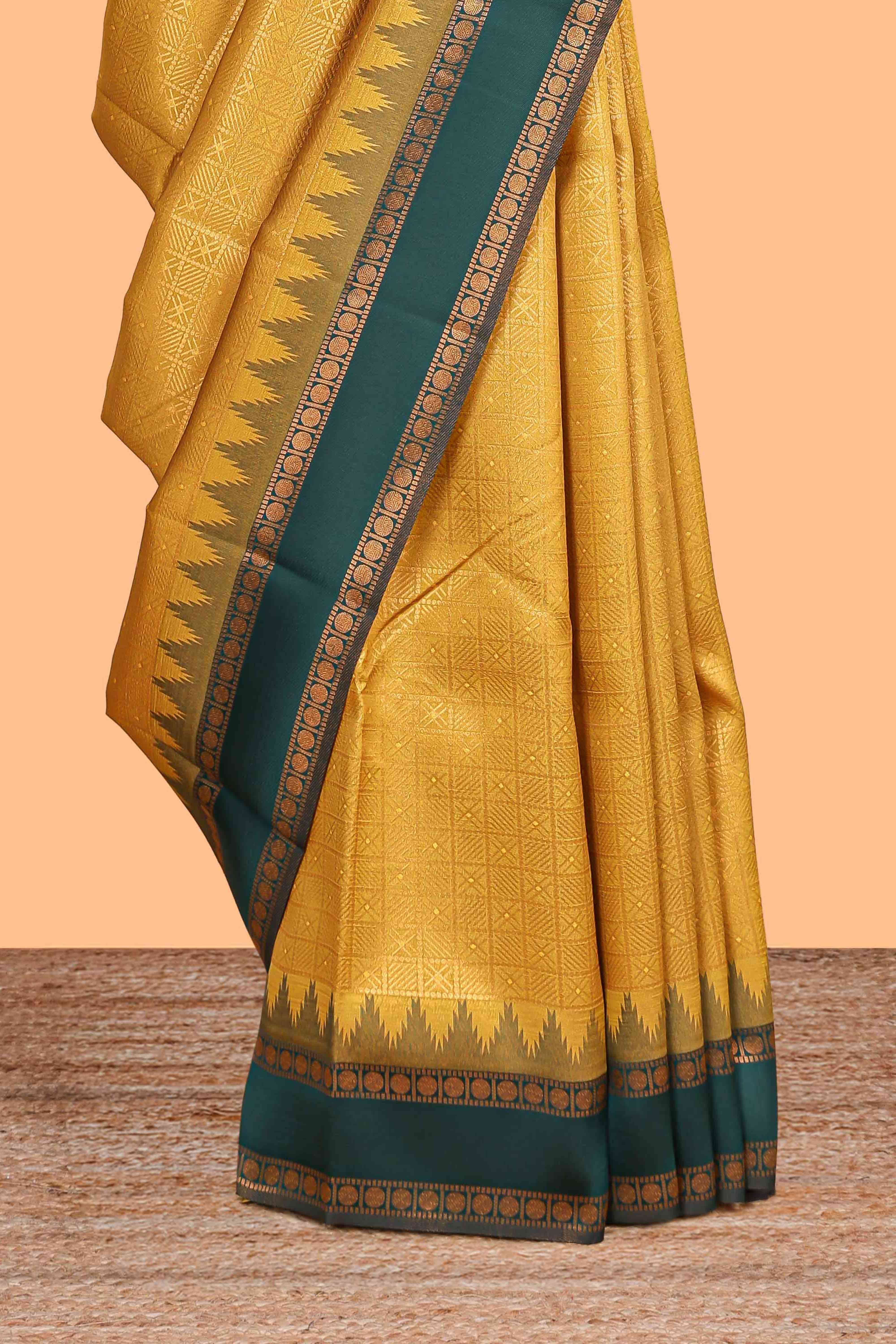 Mustard checked geometric design litchi silk saree with contrast ikkat style bentex zari border and blouse - Image 3