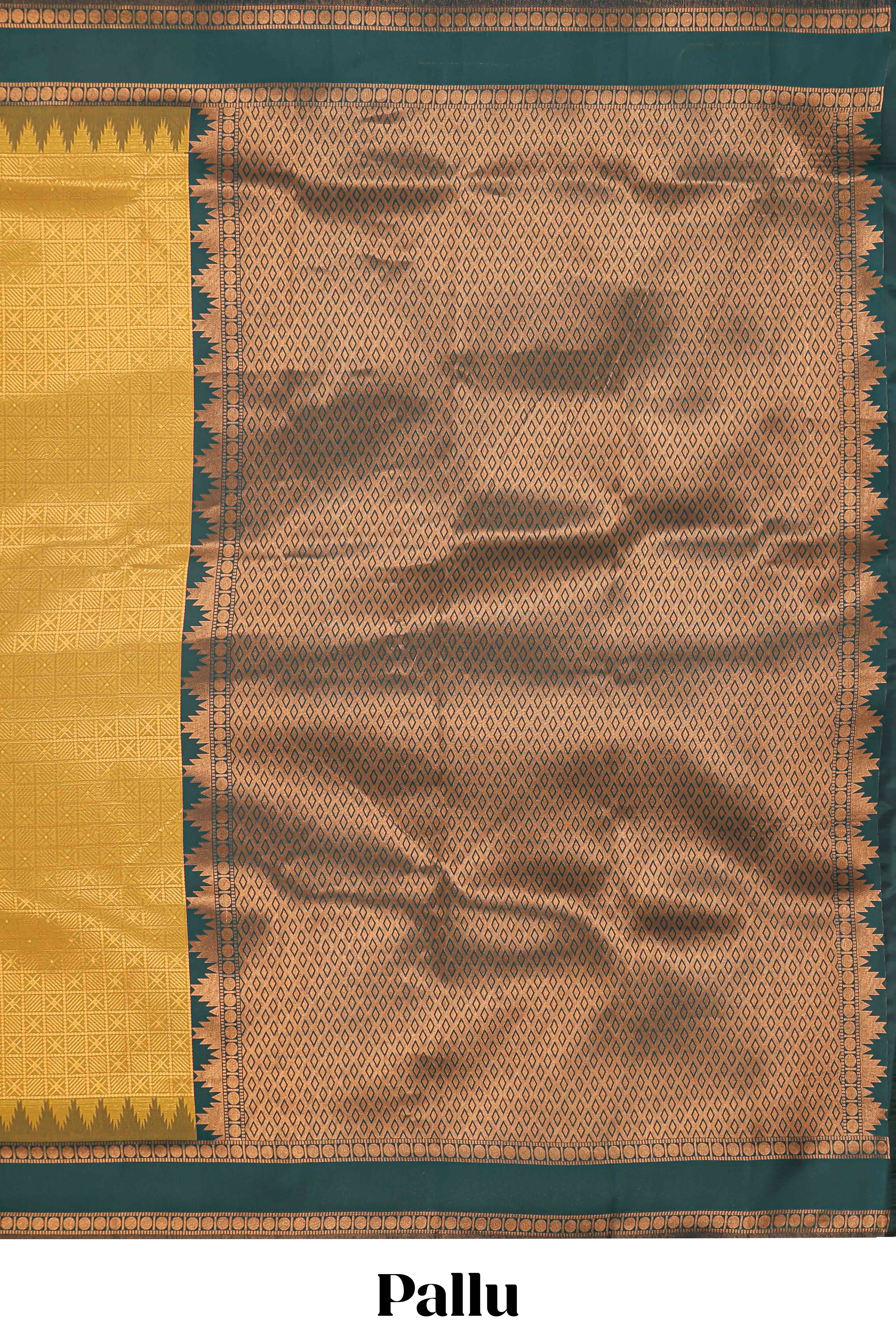 Mustard checked geometric design litchi silk saree with contrast ikkat style bentex zari border and blouse - Image 4