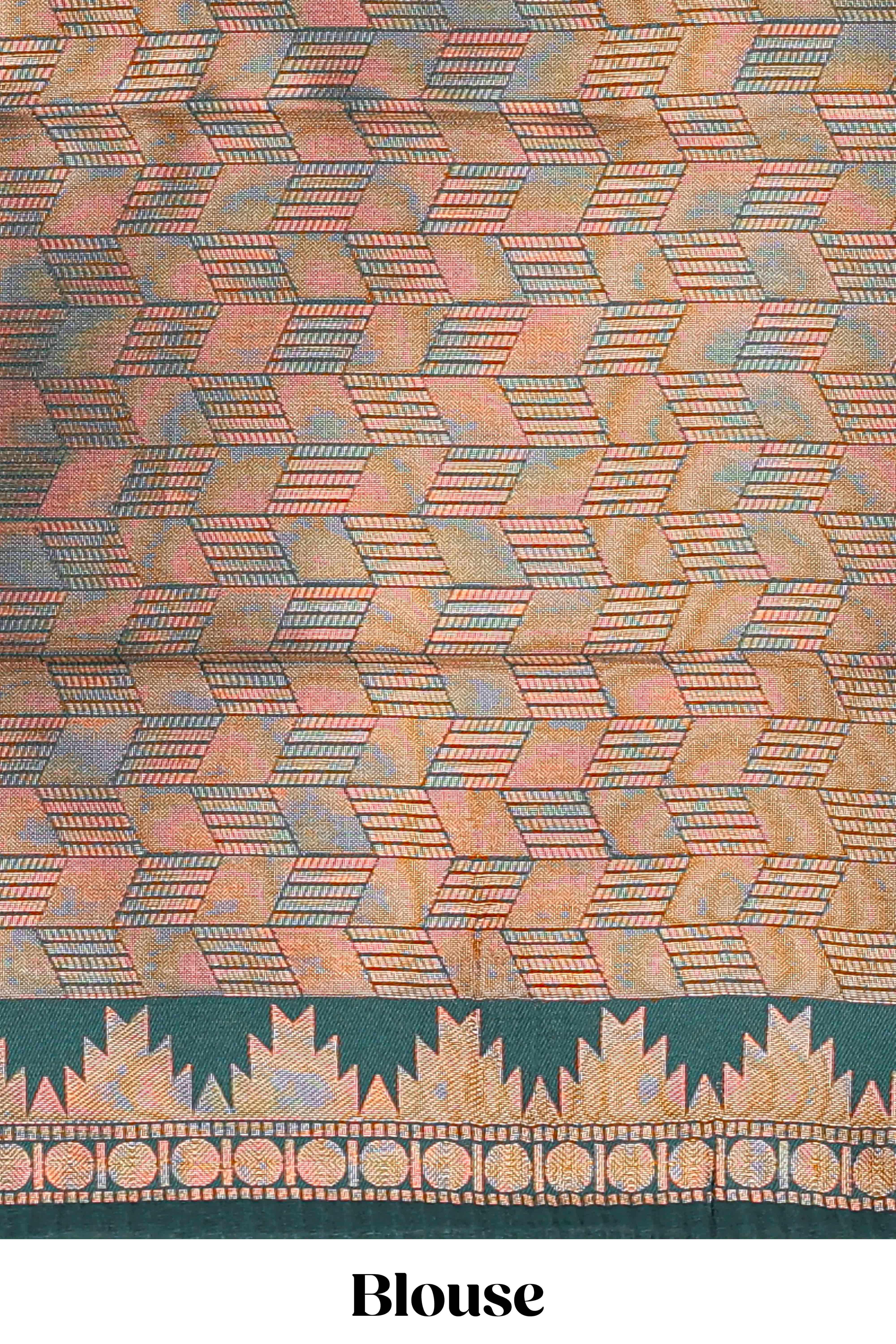Mustard checked geometric design litchi silk saree with contrast ikkat style bentex zari border and blouse - Image 5