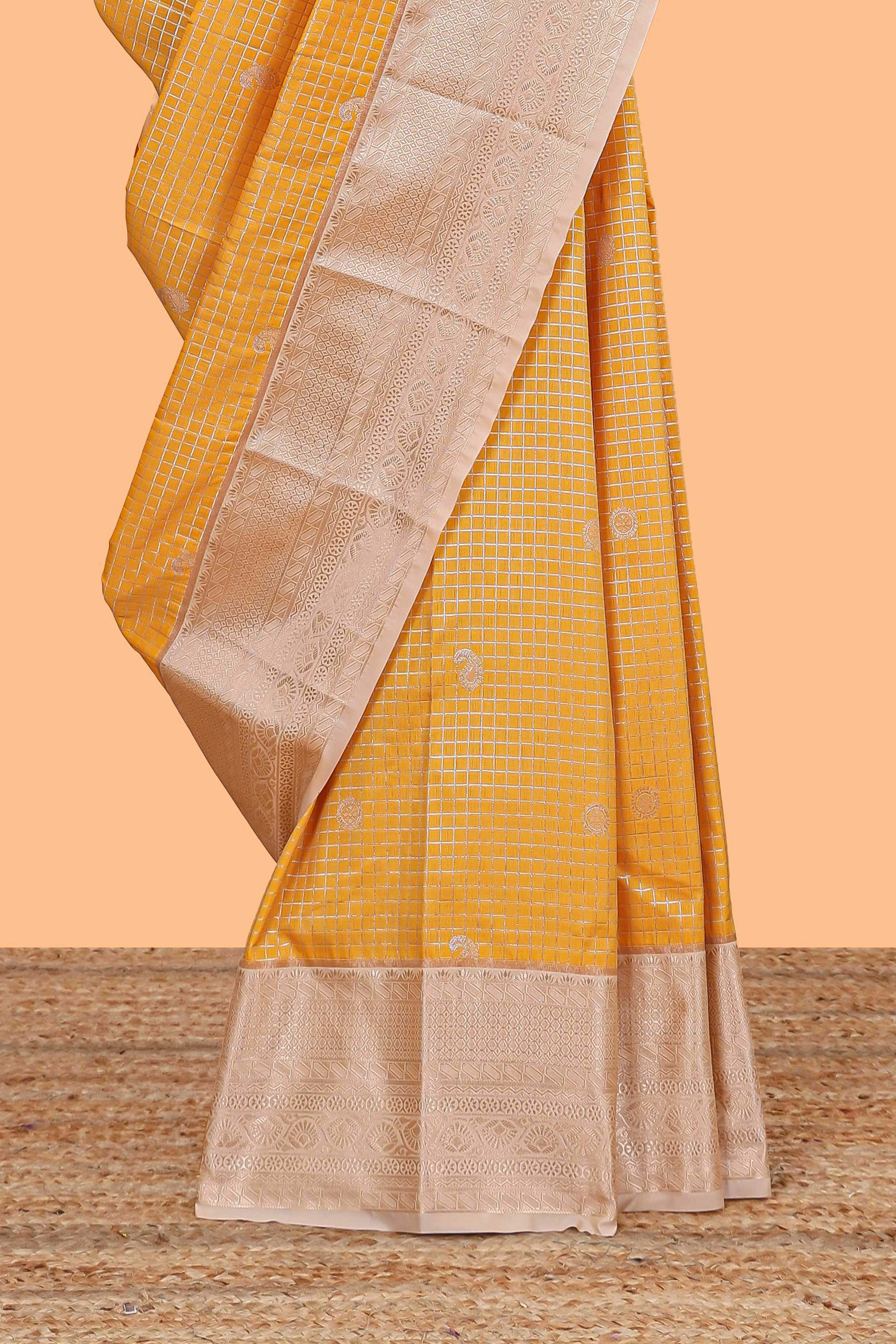 Mustard checked zari butta semi soft silk saree with contrast border and pallu - Image 3
