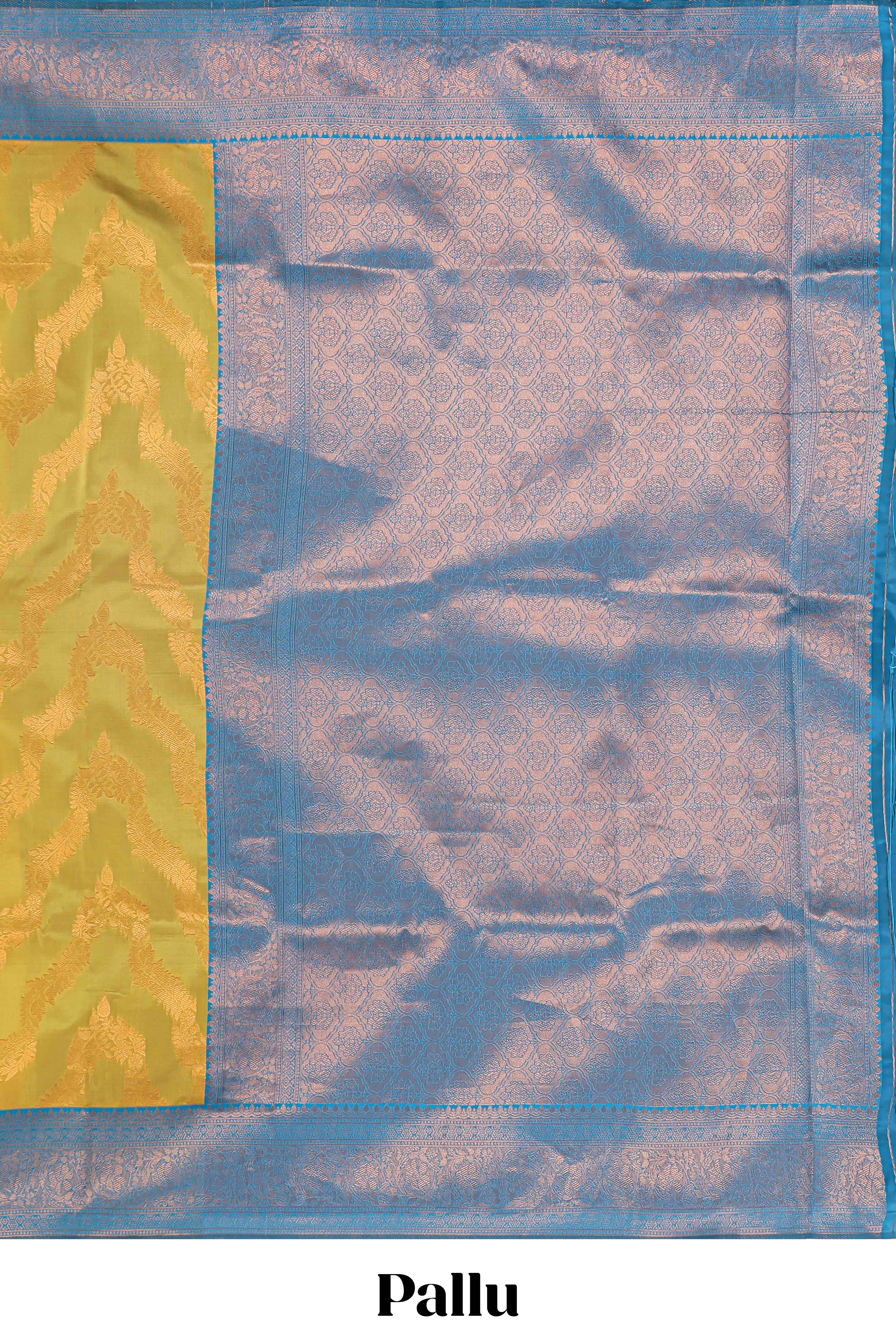 Mustard chevron zari design litchi silk saree with contrast zari design border and contrast blouse - Image 4