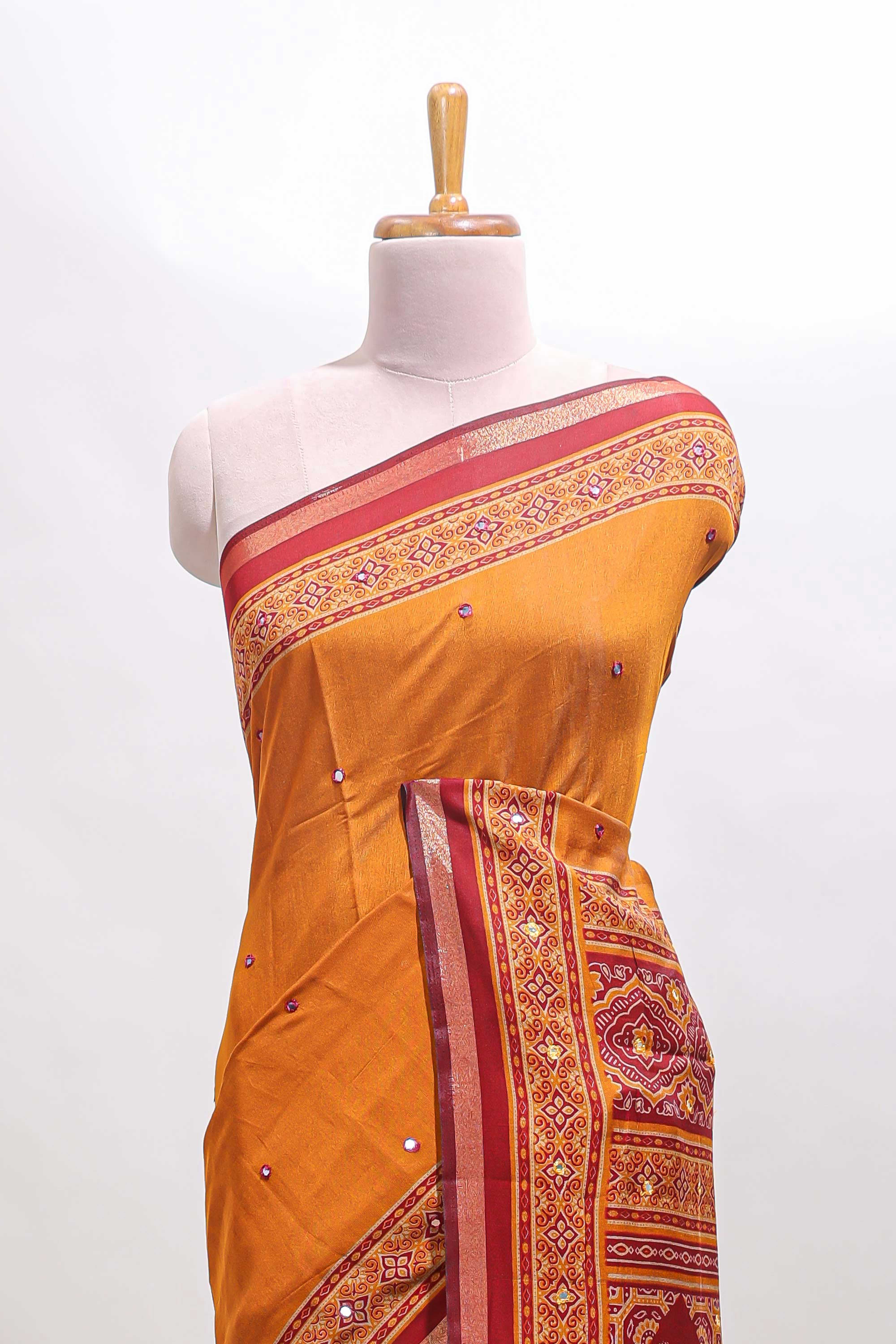 Mustard embroidery mirror work marsh mellow saree with contrast border and printed blouse - Image 3